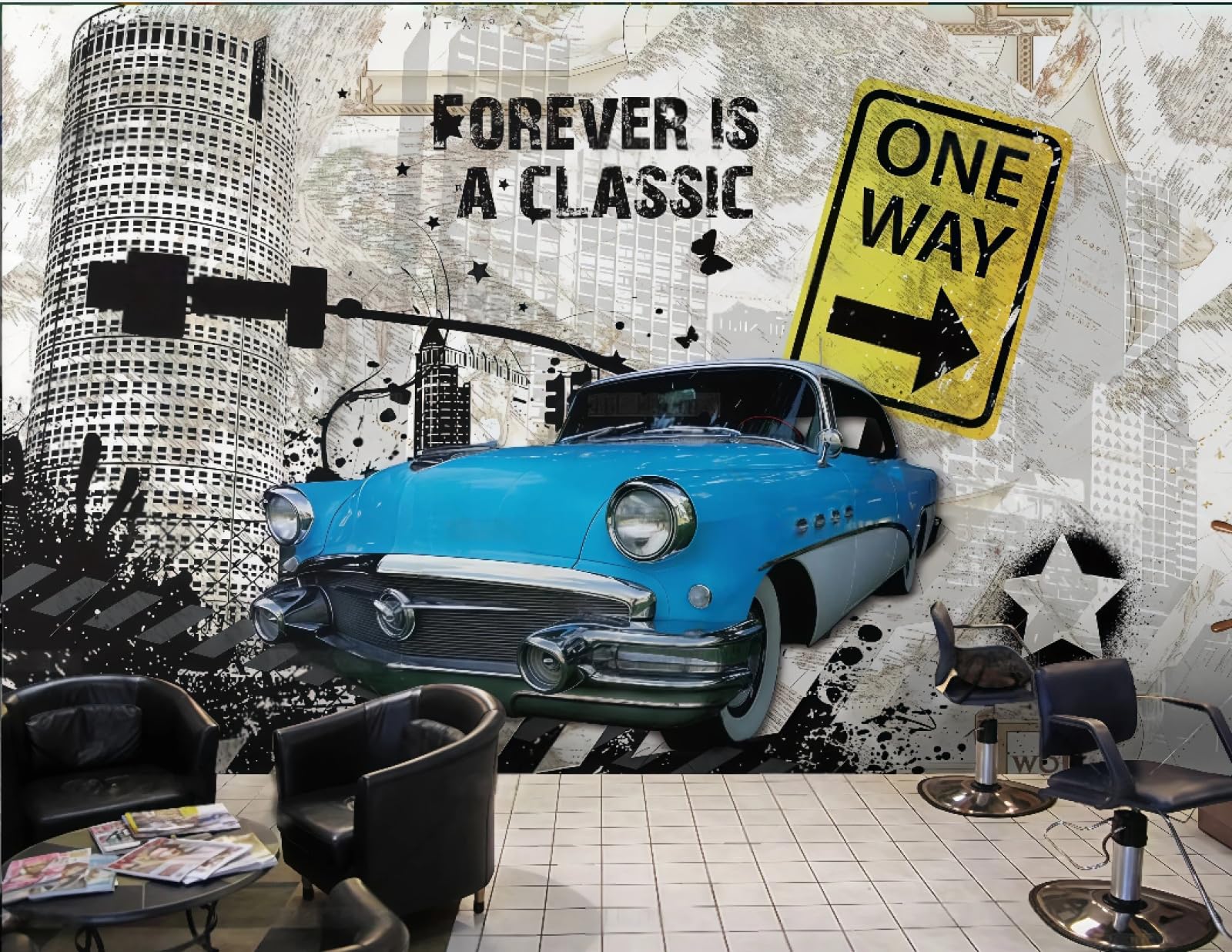 XDOUBAO Wallpaper Retro Nostalgic Car Decoration Hand-Painted City Silhouette Beverage Shop Afternoon Tea Western Restaurant Background Wall Wallpaper Coffee Shop Mural,3D,250x175cm