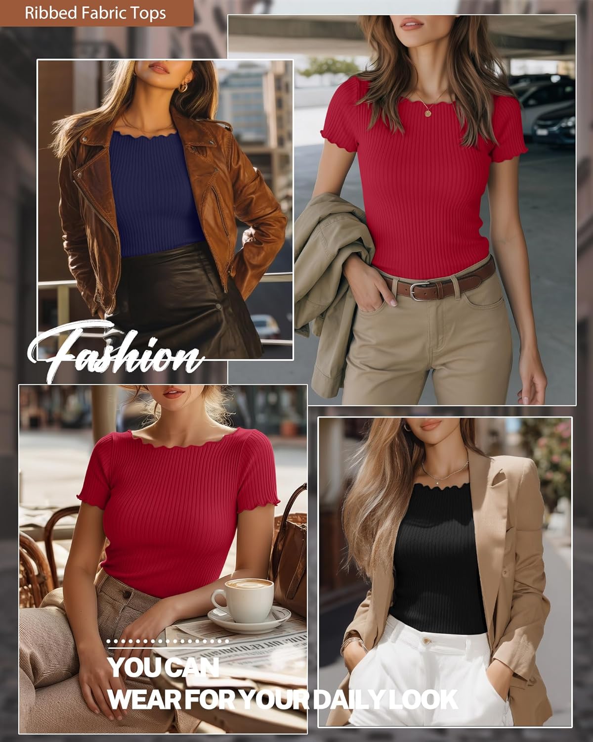 Riyiper 3 Pack Women's Boat Neck Ribbed Tops Lettuce Trim Short Sleeve T-Shirts Crop Fitted Summer Basic Tees Shirt - Image 2