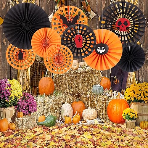 Miniatura 4 de SUNBEAUTY Paquete de 9 abanicos de papel de Halloween para colgar en fiestas, color negro y naranja, decoraciones de abanico de papel de araña para