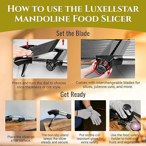 Miniatura 8 de Cortadora de mandolina para cocina, acero inoxidable, grosor ajustable, corte de verduras con corte estilo juliana, perilla de seguridad para