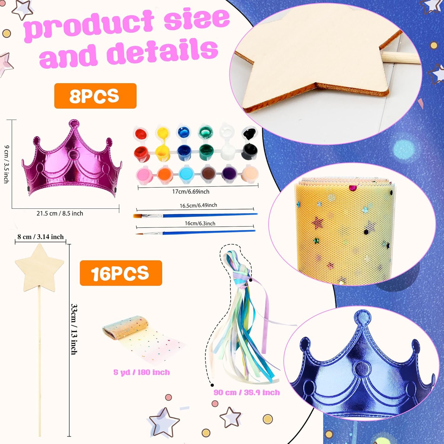 Feradny 54 Pcs Unfinished Star Princess Party Wand Crowns Set Kit Includes 16 Star Wooden Fairy Wands 8 Crown Caps 12 Gem Stickers 16 Ribbons a Roll of Mesh and Paint for Kids Princess Party Supplies