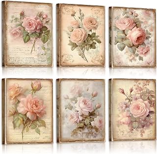 Vercraft 6pcs Vintage Pink Rose Canvas Wall Art Set 8x10 Inch Grandmillennial Farmhouse Floral Prints Bedroom Living Room Decor