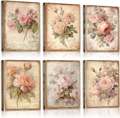 Vercraft 6 piezas enmarcadas de flores vintage para pared, diseño de rosas rosadas grandmillennial, decoración de pared para el hogar, fotos