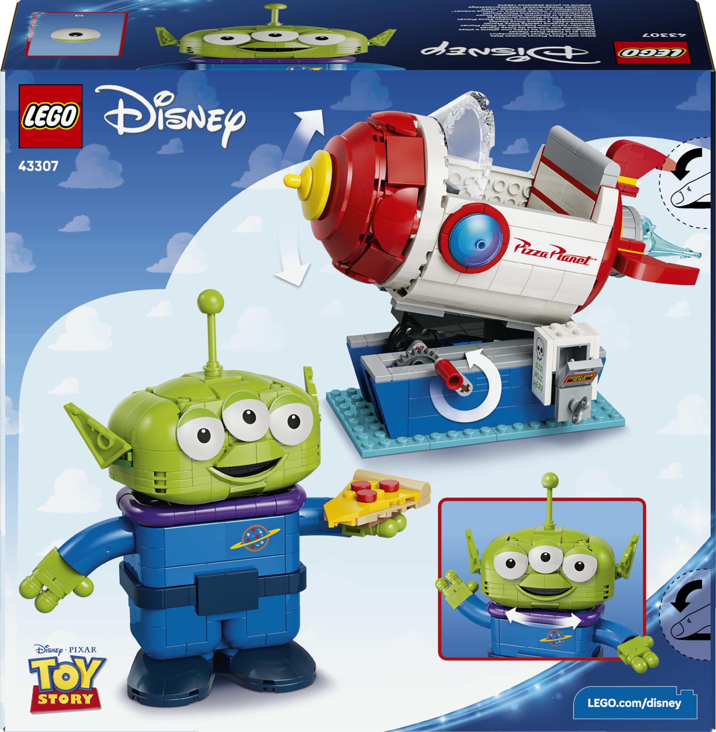 LEGO | Disney y Pixar Toy Story Marcianito con Cohete de Pizza Planet - Cohete Espacial de Juguete con Figura de Alien - Decoración del Dormitorio - Regalo para Niños y Niñas de 9+ Años - 43307