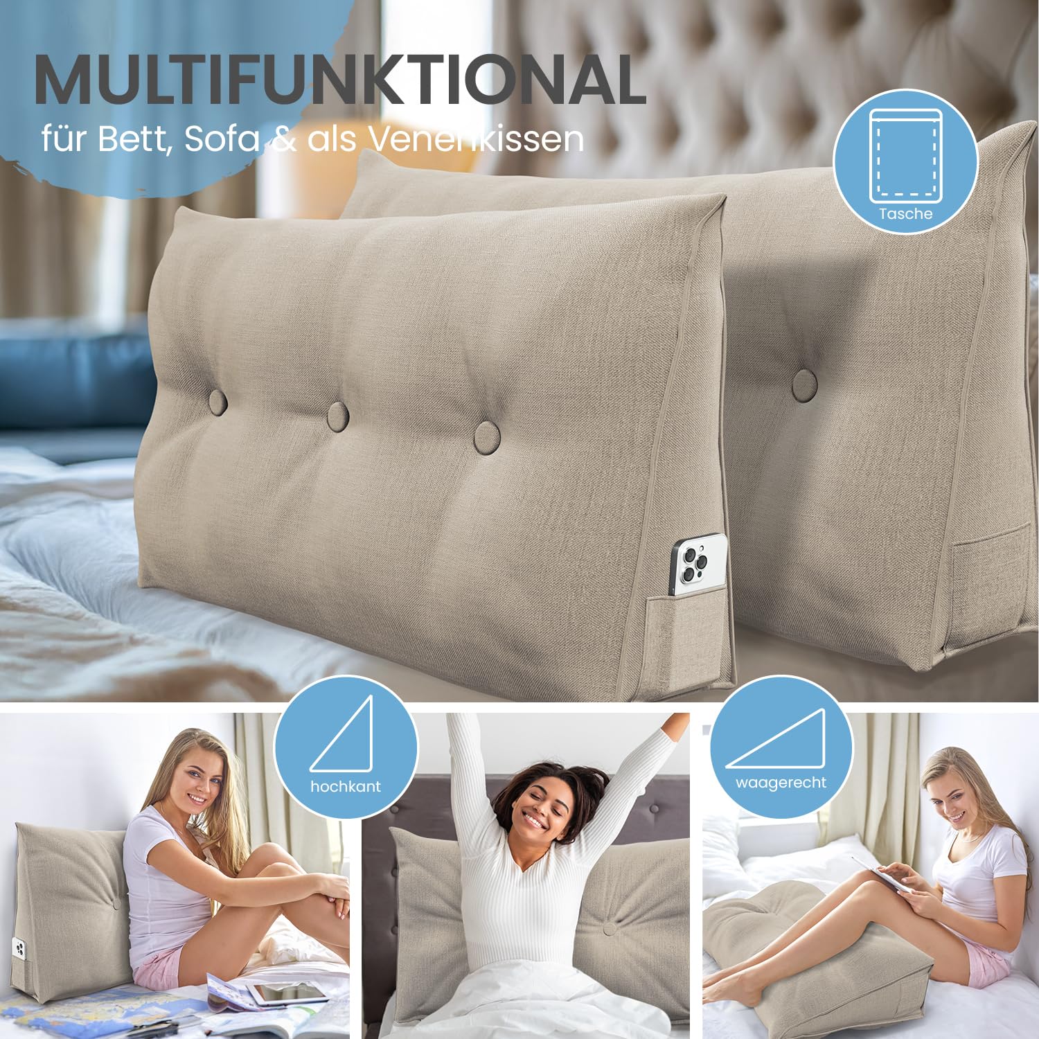ELONEO Rückenkissen 70 cm breit, Keilkissen für Bett und Sofa, dreieckiges Lesekissen mit abnehmbarem Bezug