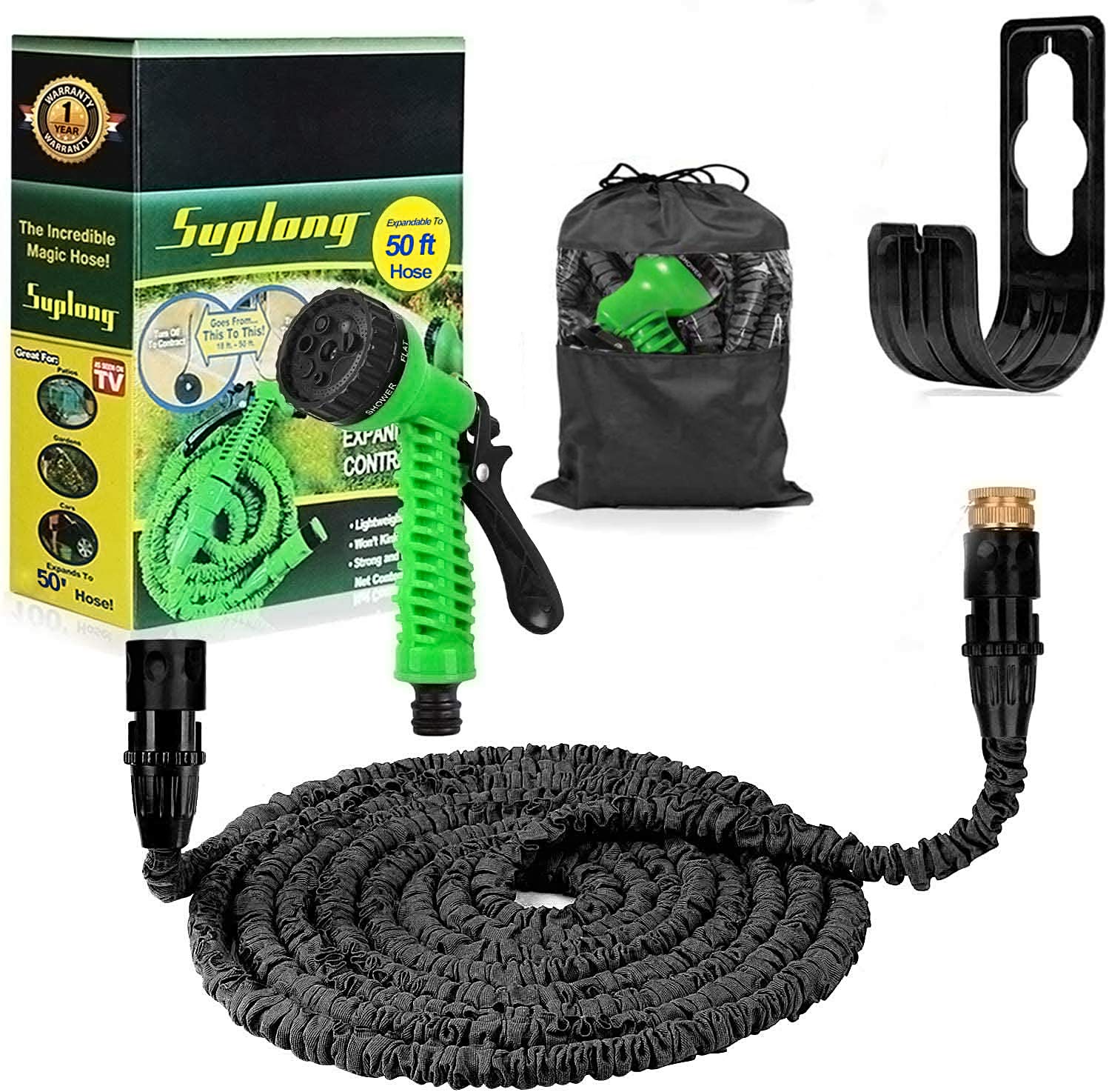Suplong Expandable Garden Hose 50ft,Expanding Hose Pipe with 1/2",3/4" Fittings,Lightweight Flexible Garden Hose with 7 Function Spray Nozzle(Black, 50ft)