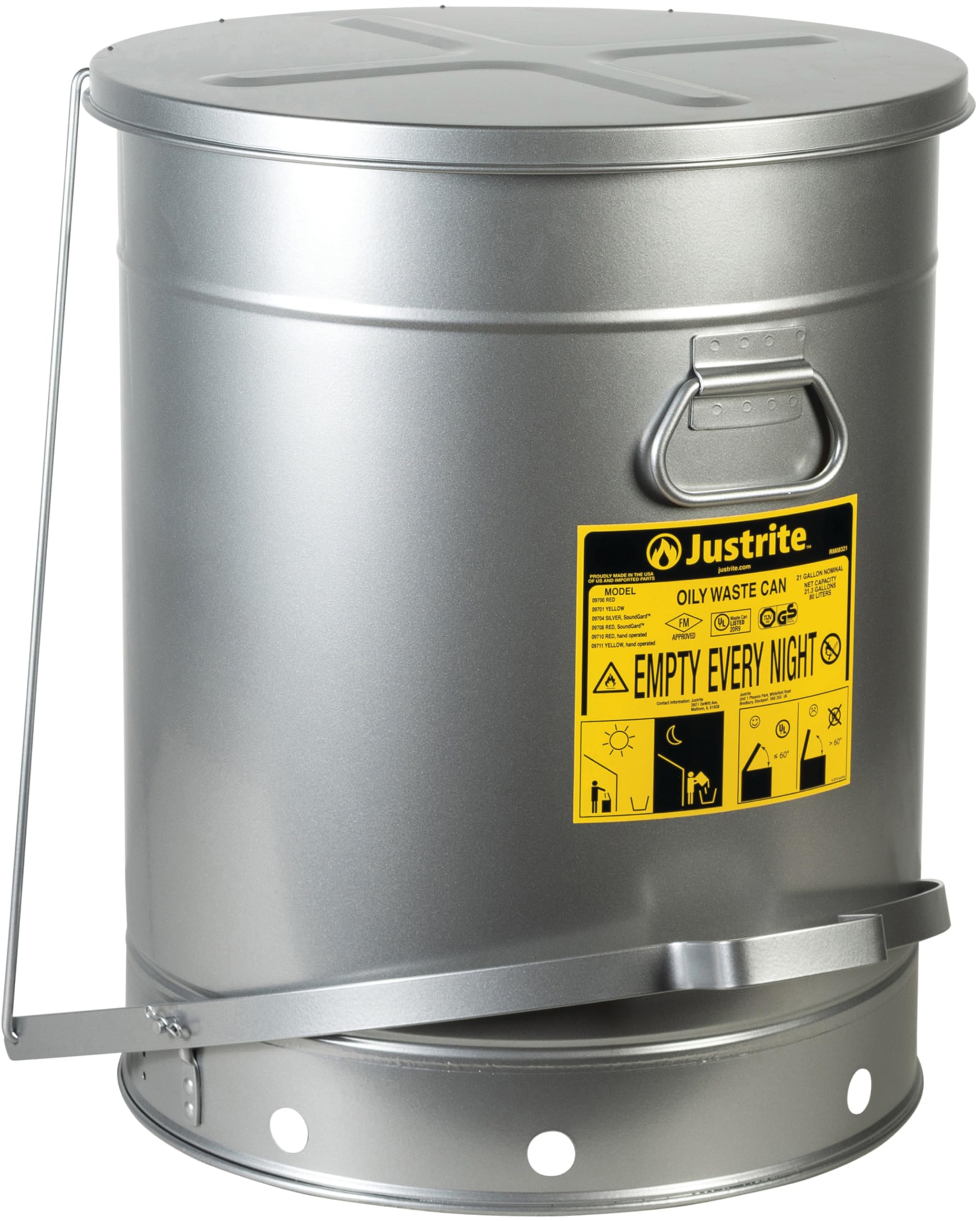 Justrite 21 Gallon Galvanized Steel Oily Waste Can, 23.5" x 18" Metal Oil Rag Safety Can with Quiet Foot Operated Self-Closing Lid for Oil Rag