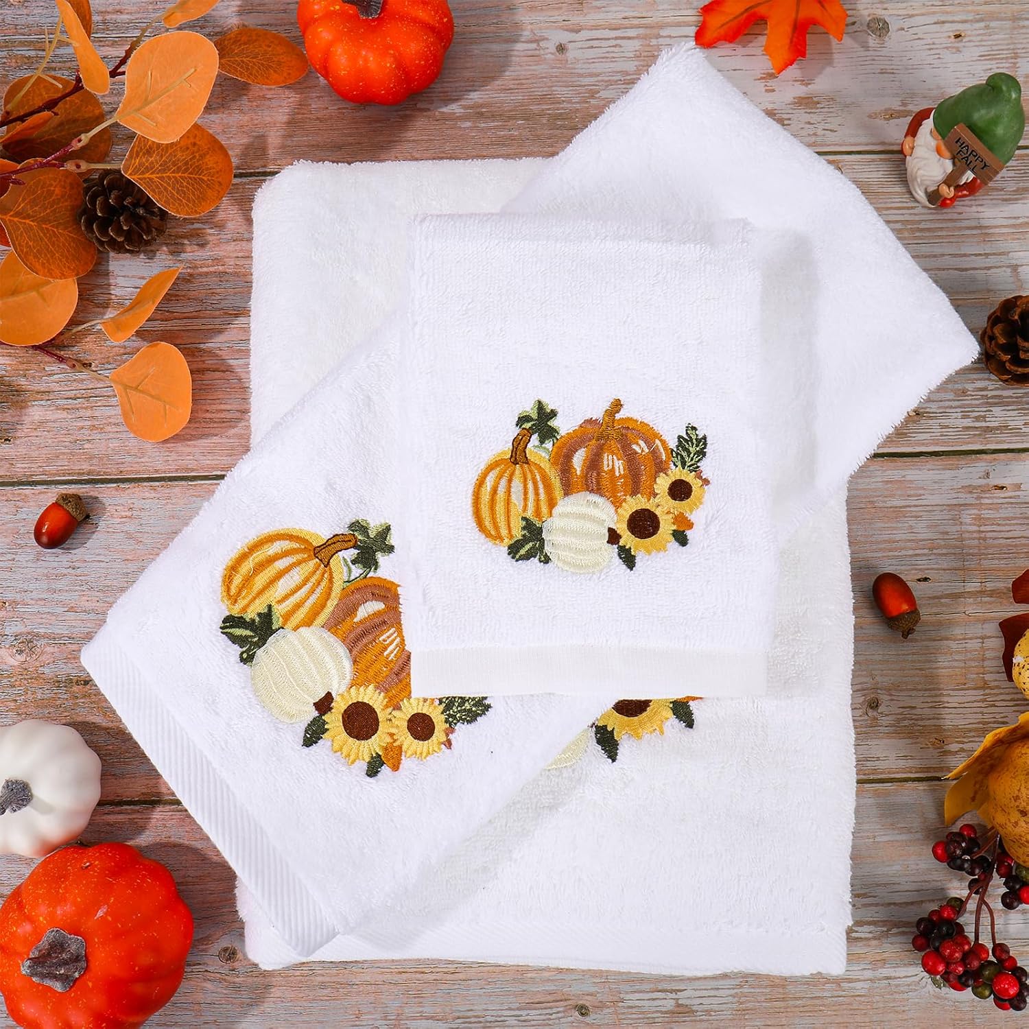 JarThenaAMCS Fall Pumpkin Bathroom Towels Set of 3 Embroidered Cotton Bath Towel Sunflower Pumpkin Hand Towel Wash Cloth for Hand Drying Shower Supplies - Image 3