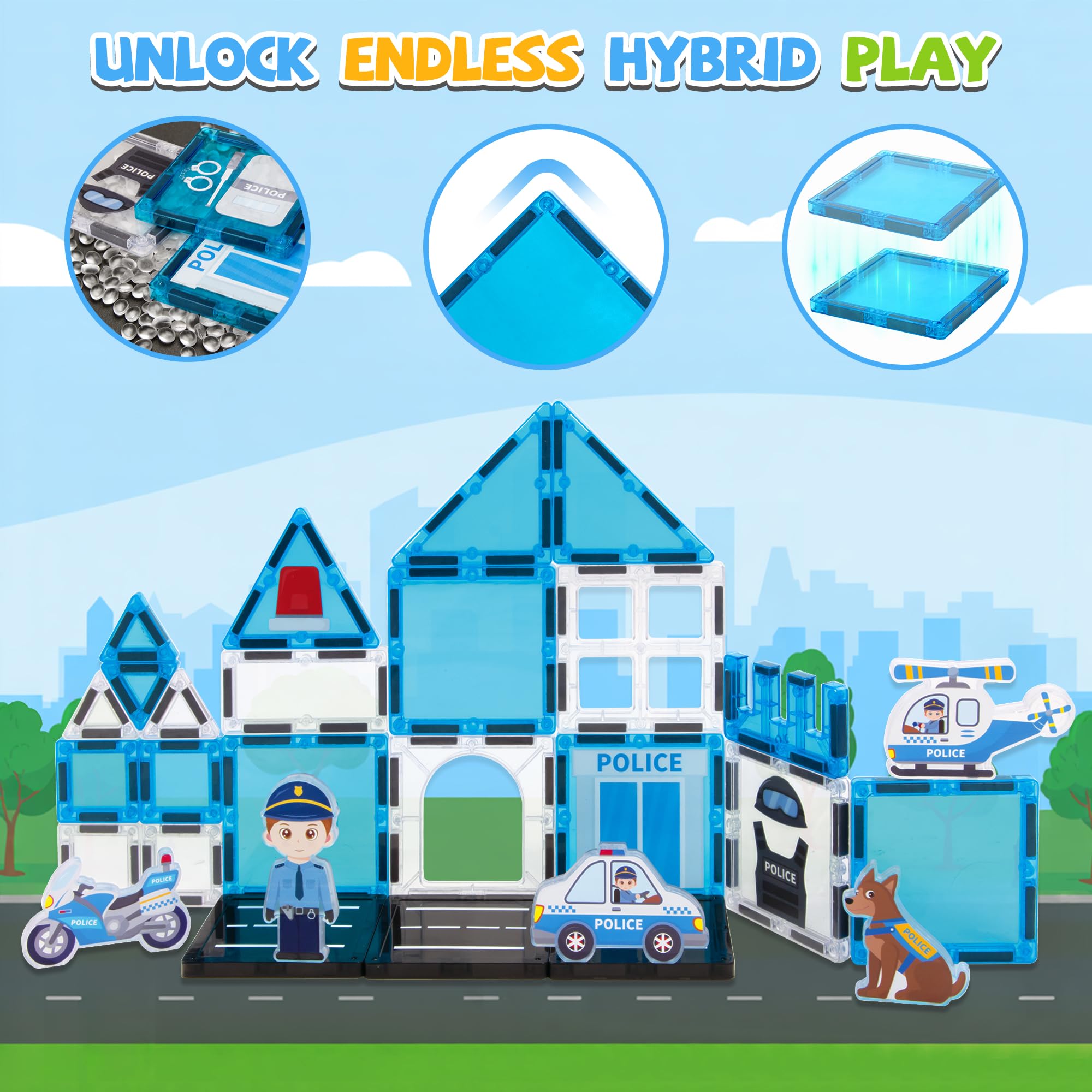 cossy 42 PCS Magnetic Tiles, 3D Police Magnetic Building Blocks Set - Image 3