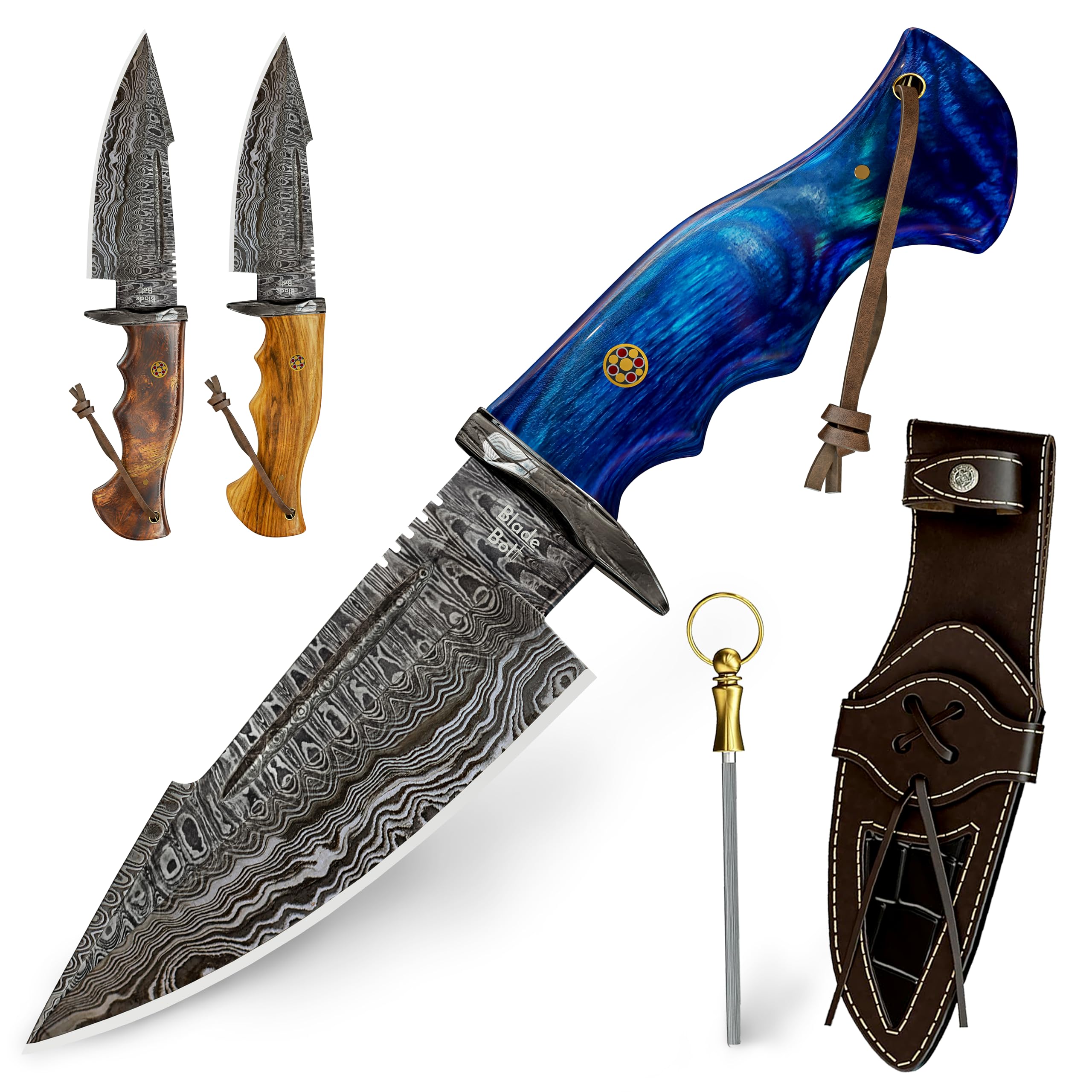 DMK-101B Fixed Blade Damascus Hunting Knife With Leather Sheath and Sharpener, 4.8" Drop Point Blade with Anti-Slip Rose Wood Handle, Ideal Camping Knife for Men and Women, Enthusiats Loved for Outdoor, Gifting