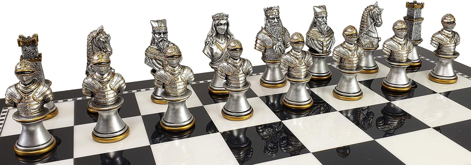 Medieval Times Crusades Knight Chess Set Gold & Silver Busts W/ High Gloss Black and White Storage Board 17"