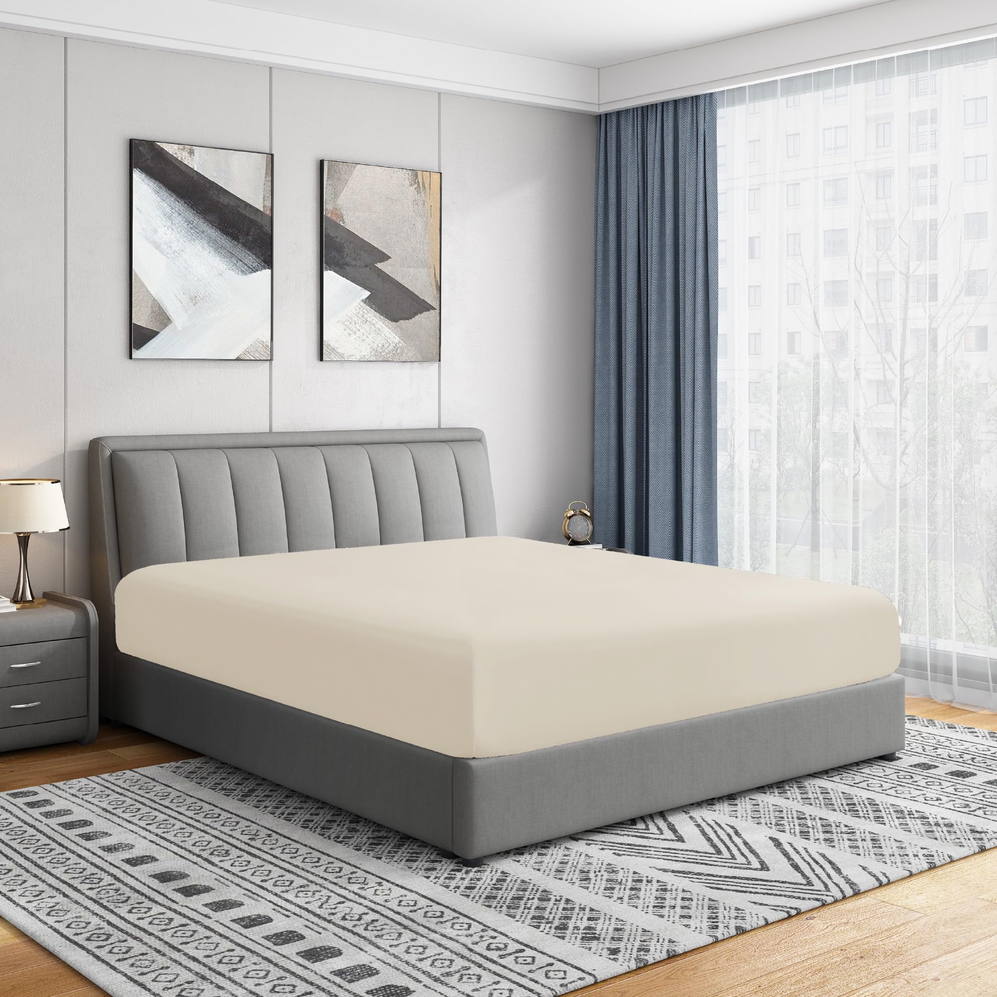 Cathay Home Luxury Wrinkle and Fade Resistant Double Brushed Ultra Soft Microfiber 14-Inch Standard Pocket Single Fitted Sheet, Coconut Milk, King