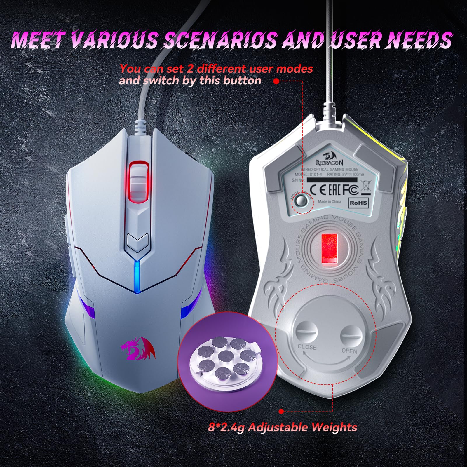 Redragon Updated Programmable Gaming Keyboard and Mouse, RGB Backlit Keyboard Mouse with Software, Independent Macro Record Keys, Value Combo Set, White - S101-3 PRO view 8