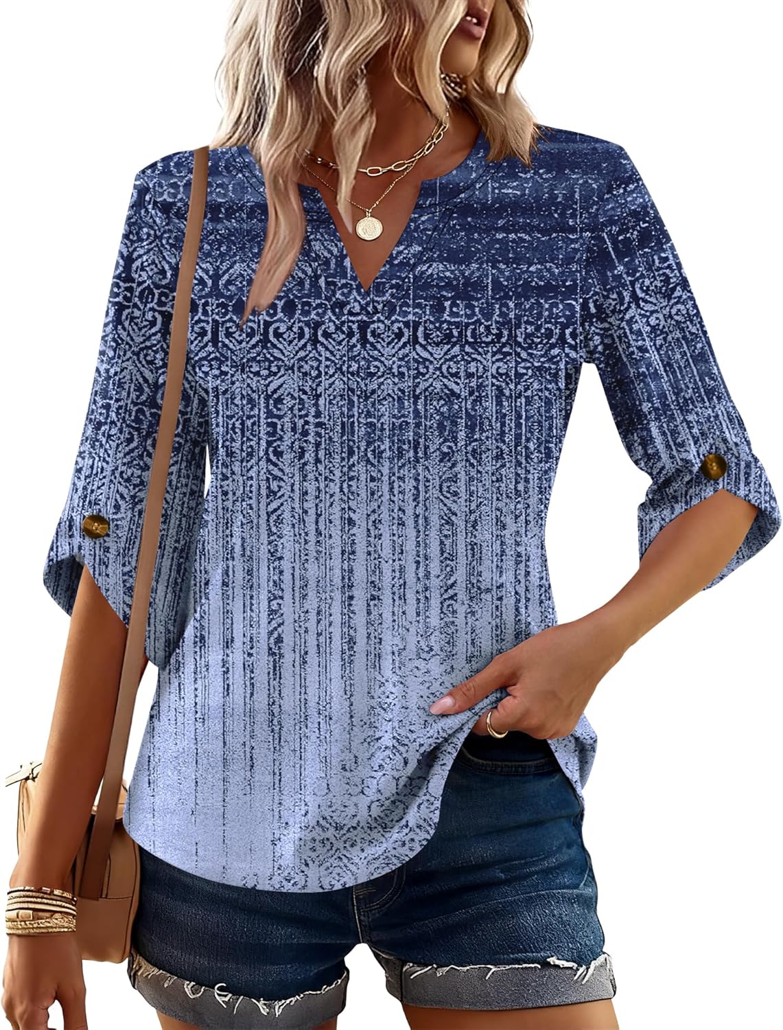 Kistore Womens 3/4 Length Sleeve Tunic Tops Casual V Neck Shirts Business Work Blouses Trendy Flowy Tees - Image 2