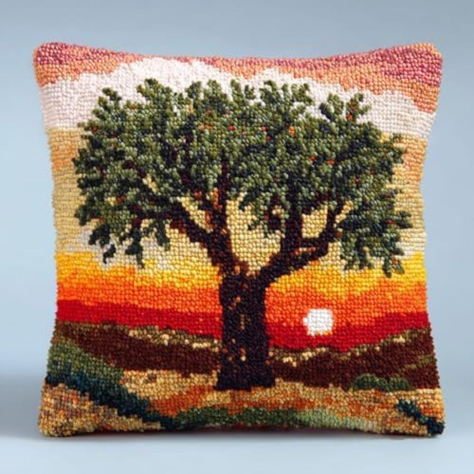 kitphoenix DIY Latch Hook Cushion Kit Olive Tree and Sunset,Beginner-Friendly Rug Hooking Pillow Kit,Crochet Craft Cushion Cover for Home Decor,43x43 cm
