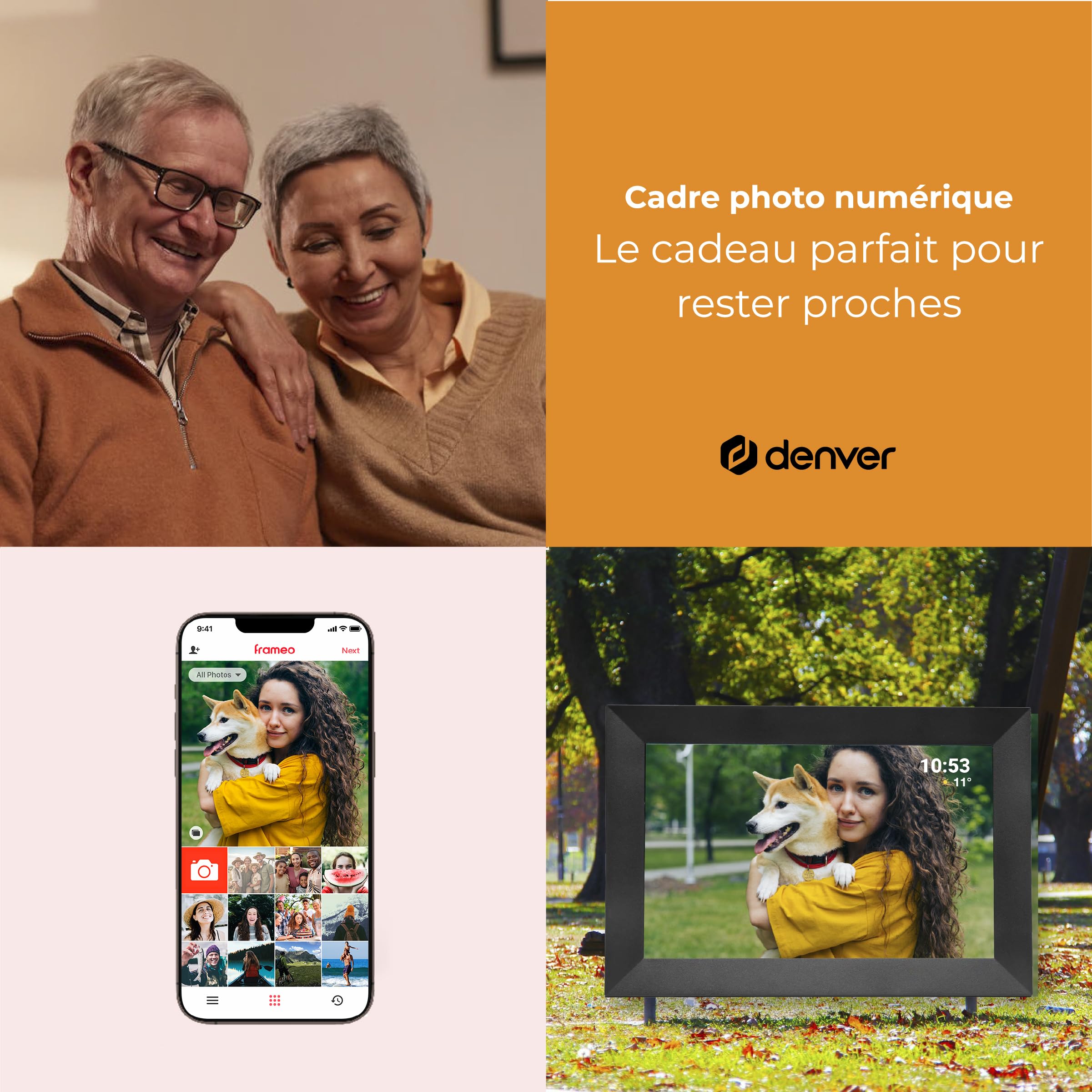 Denver PFF-1024BMK2 Cadre Photo numérique Wi-FI FRAMEO 10,1 Pouces, écran Tactile IPS 1280 x 800, mémoire 16 Go, Application iOS/Android, Noir