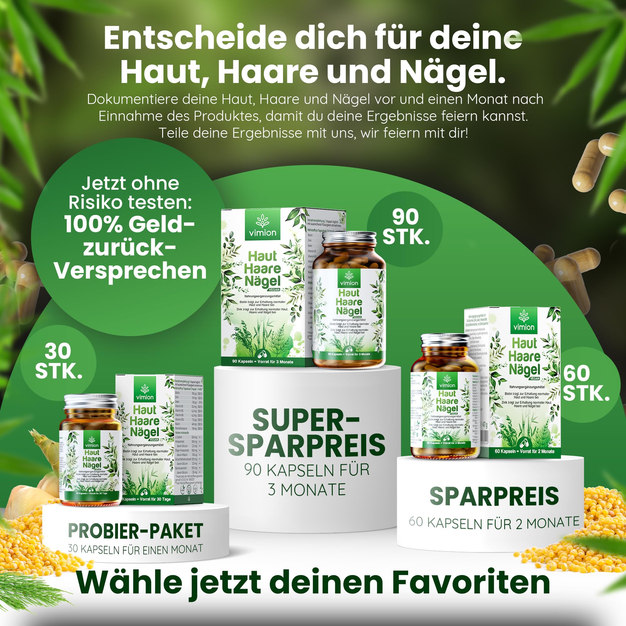 Haut-Haare-Nägel - 90 Kapseln - 100% vegan - mit Biotin, Zink, Selen, B-Vitamin-Komplex, L-Cystein sowie Silizium aus Bambus, Ackerschachtelhalm & Hirse – Vorrat für 90 Tage