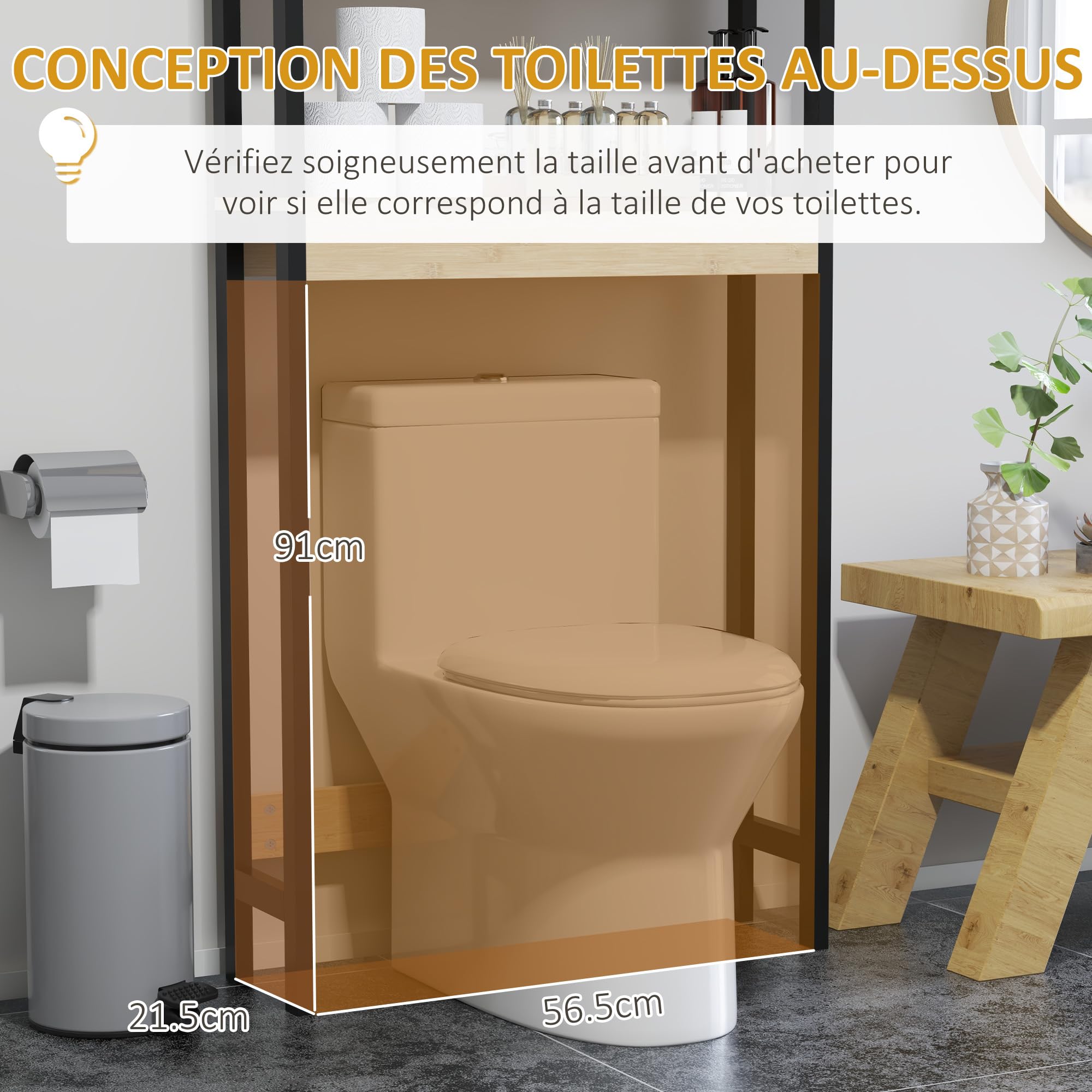 HOMCOM kleankin Regał łazienkowy szafka łazienkowa blat toalety z 2-drzwiową szafką i otwartą półką 60 l x 21,5 l x 172H cm Bambus - naturalne drewno i czarny