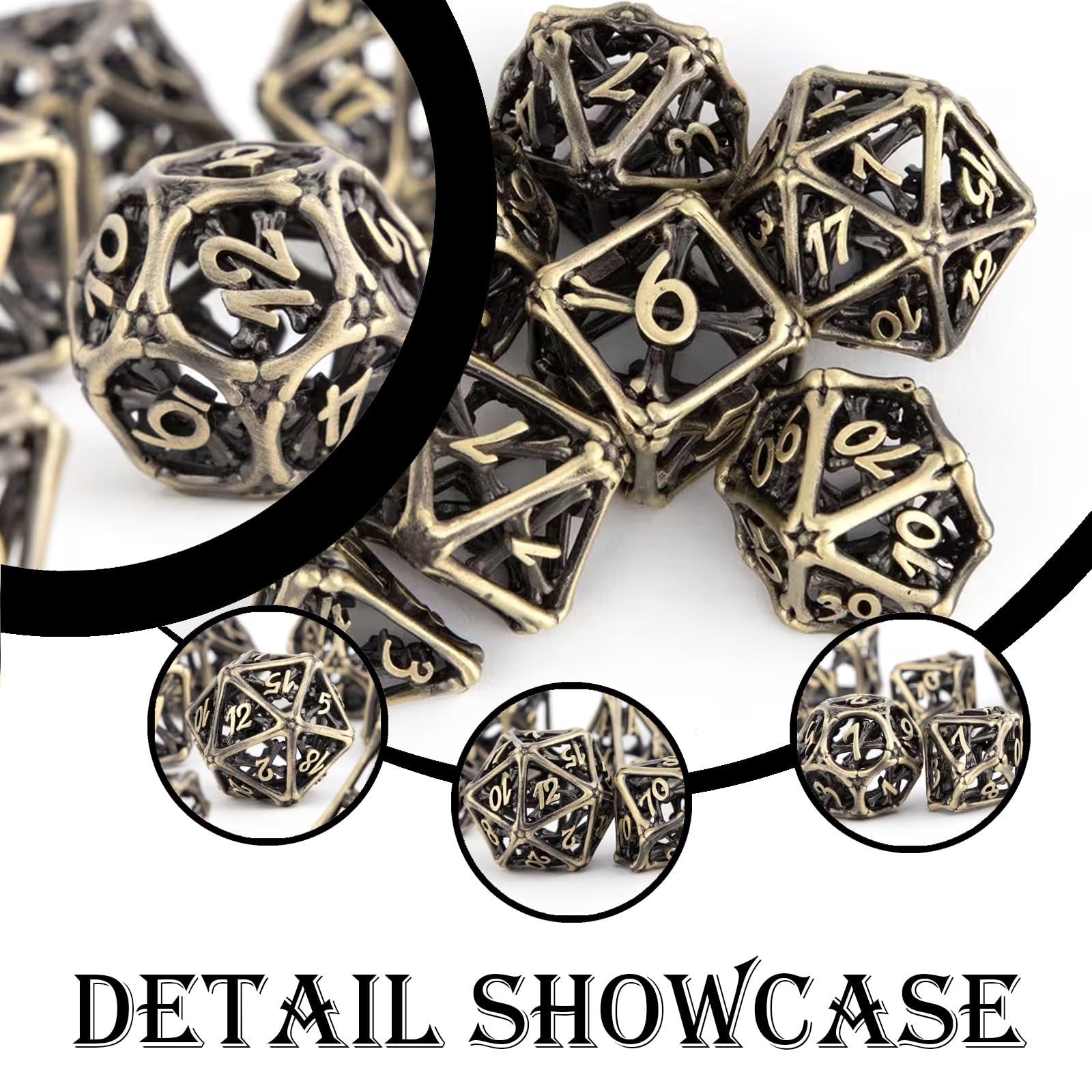 Ensemble de 7 Dés Creux en Métal, Dés Polyédriques pour Jeux de Rôle, Finition Jaune Os, Accessoires Élégants pour Jeux de Société, Décoration de Fêtes et Événements Spéciaux.
