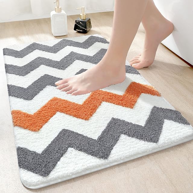 DEXI Soft Bath Mat 40 x 60 cm,Non-slip Bathroom Mat Water Absorbent Bath Rug Machine Washable Microfiber Carpet Floor Mat,Orange-Grey