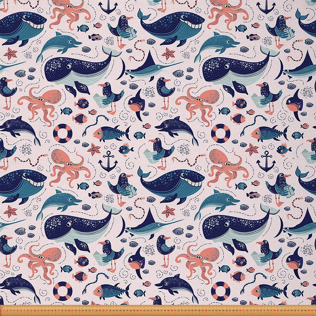 Cartoon Fish Fabric by The Yard Cute Whale Upholstery Fabric Octopus Tentacle Decorative Fabric Seashell Starfish Anchor Outdoor Fabric DIY Art Upholstery and Home Accents Pink Blue 1 Yard