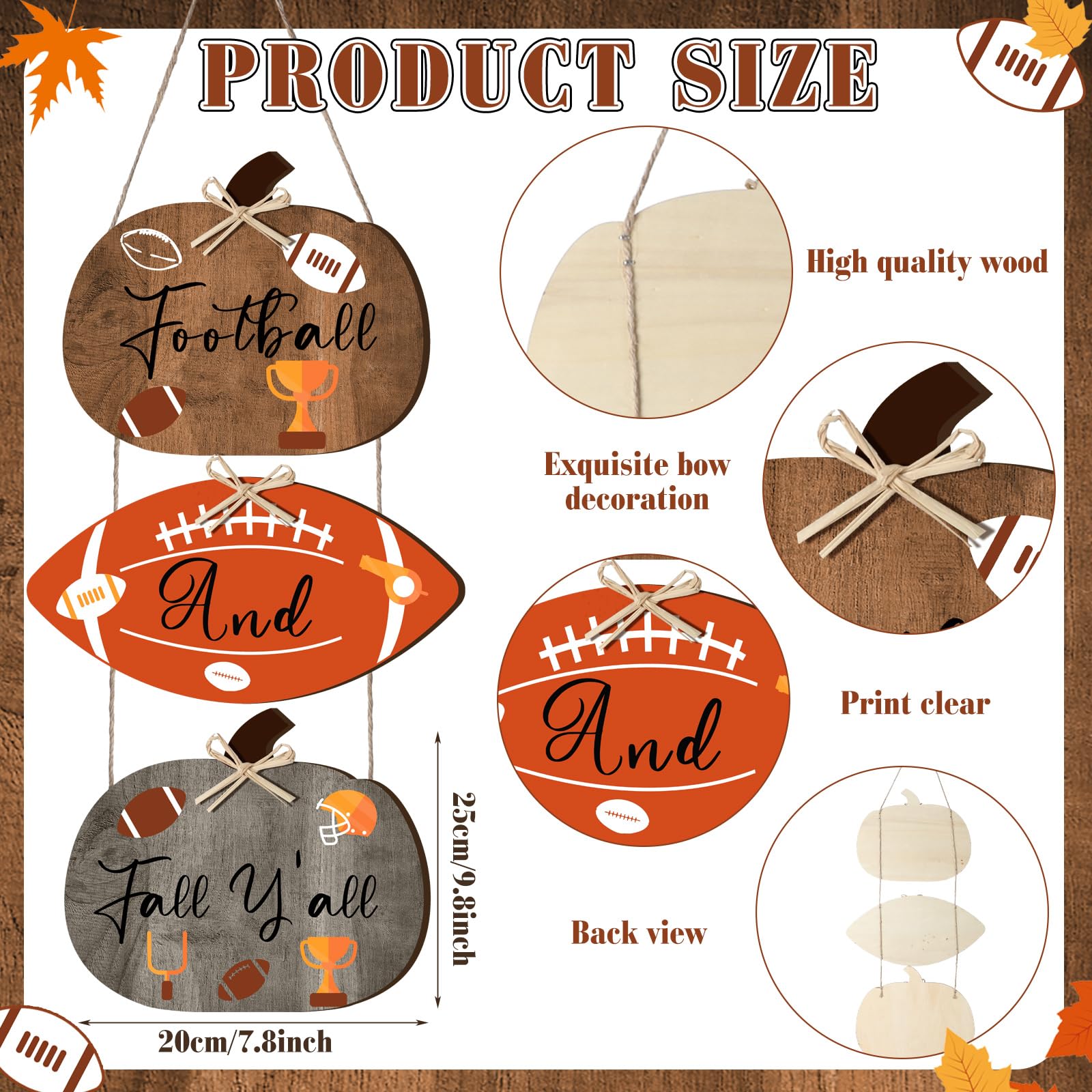 Barydat 3 Pcs Football and Fall Y'all Wood Sign Thanksgiving Fall Farmhouse Decorations for Home Rustic Wood Pumpkin Door Hanging Autumn Porch Sign with Bow for Garden Porch Front Harvest