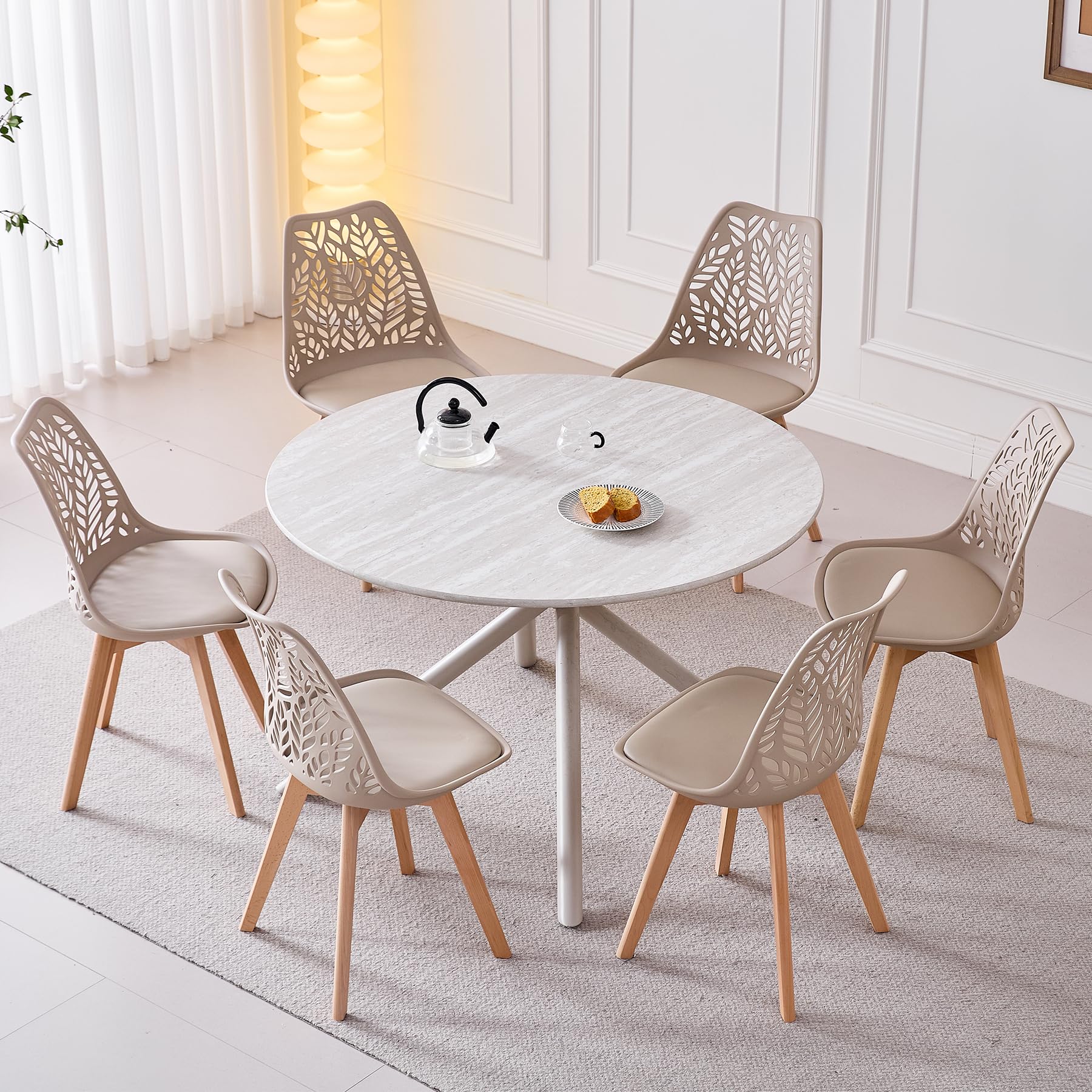 Juego de 8 sillas de Comedor Estilo nórdico, sillas de Cocina Modernas con Patas de Madera Maciza,Respaldo Abierto y tapizado en Piel sintética para comedores, cocinas,Caqui