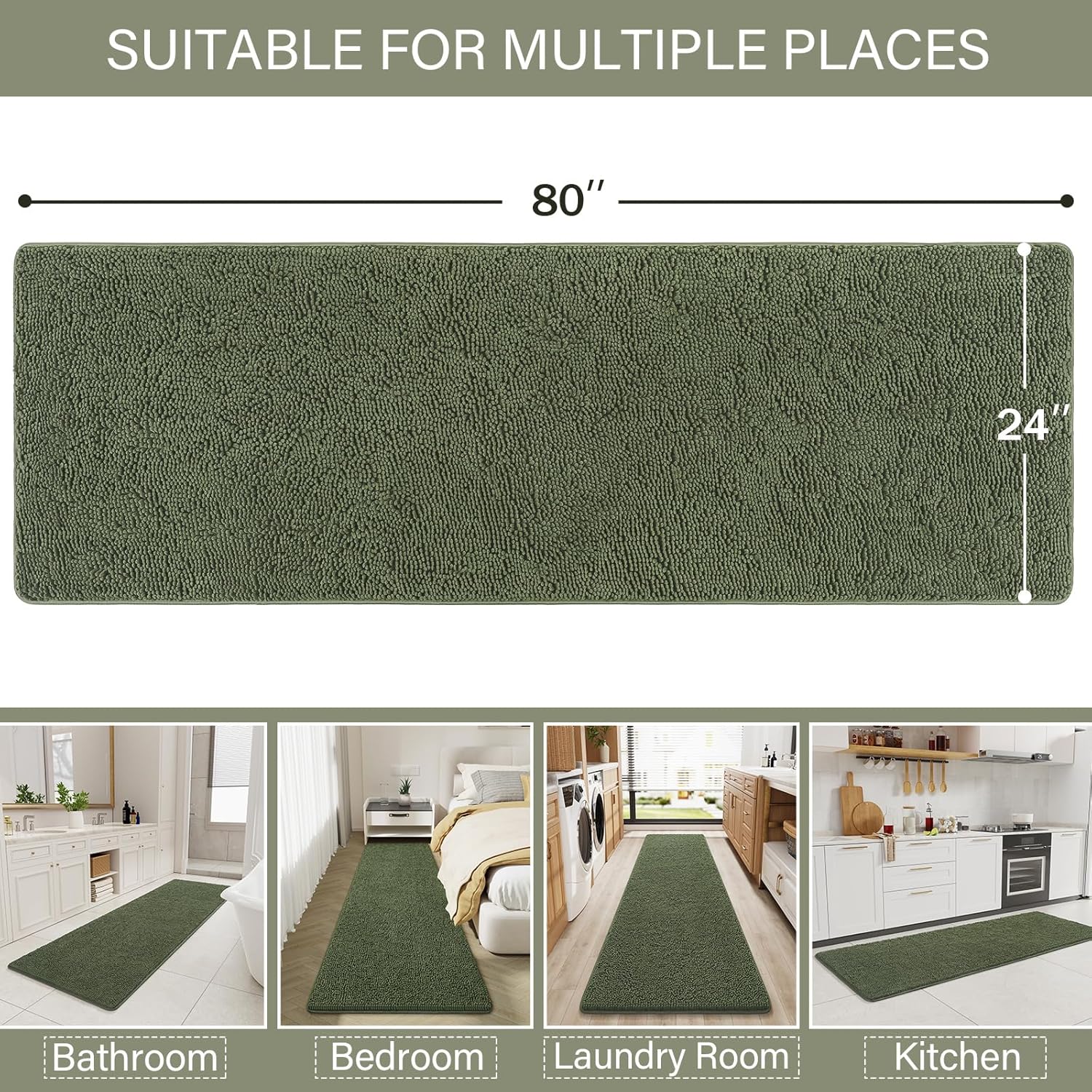 lochas luxury bathroom rug shaggy bath mat 24 x 80 inch, washable non slip bath rugs for bathroom shower, soft plush chenille absorbent carpets mats, olive green olive green 2' x 6'8" (24''x80'')