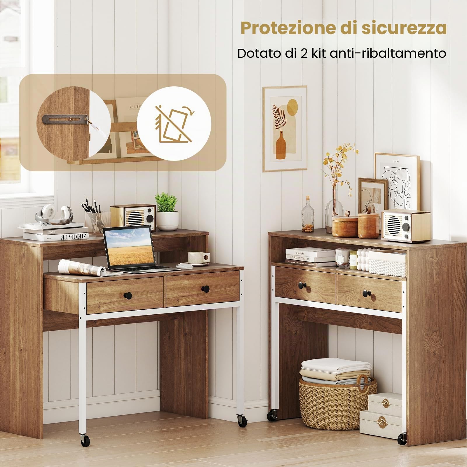 LIFEZEAL Scrivania per computer estensibile, tavolo portaoggetti con cassetti e ruote, tavolino salvaspazio per ufficio a casa, soggiorno, camera da letto