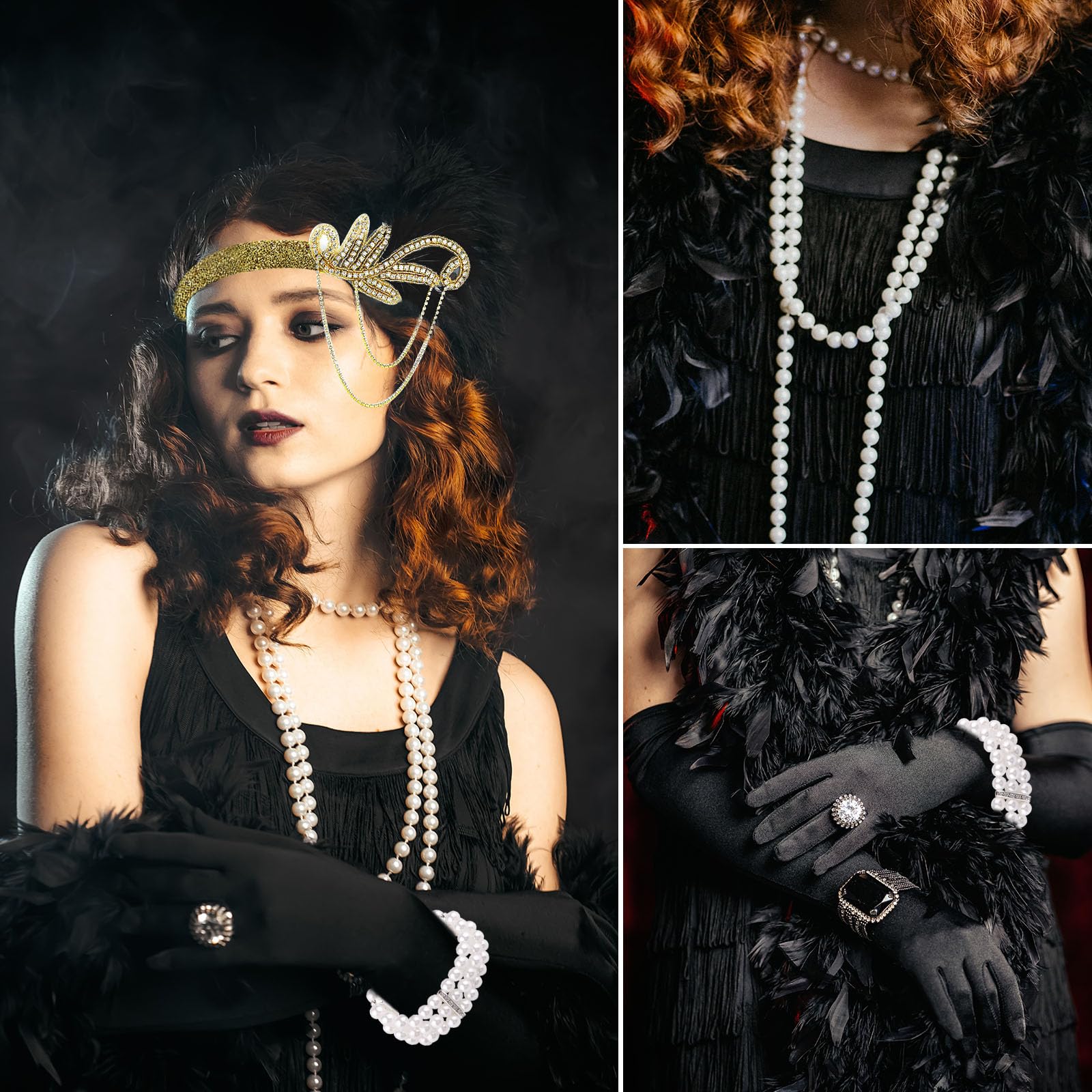 PLULON Zestaw akcesoriów Flapper Great Gatsby z lat 20. XX wieku, modny zestaw tematyczny z opaską na głowę, długie czarne rękawiczki, naszyjnik, kolczyki dla kobiet