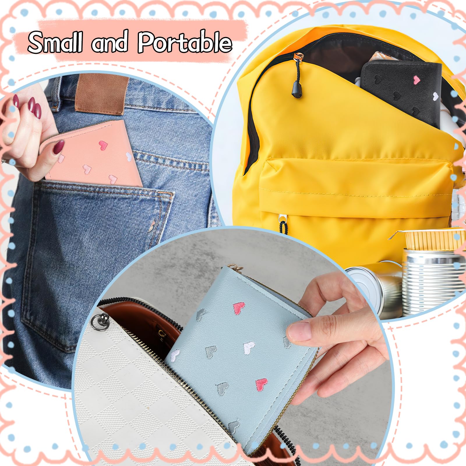 Lot de 3 porte-monnaie pour fille - En cuir synthétique - Avec pompon et fermeture éclair - Pour adolescentes et femmes (bleu, rose, noir)