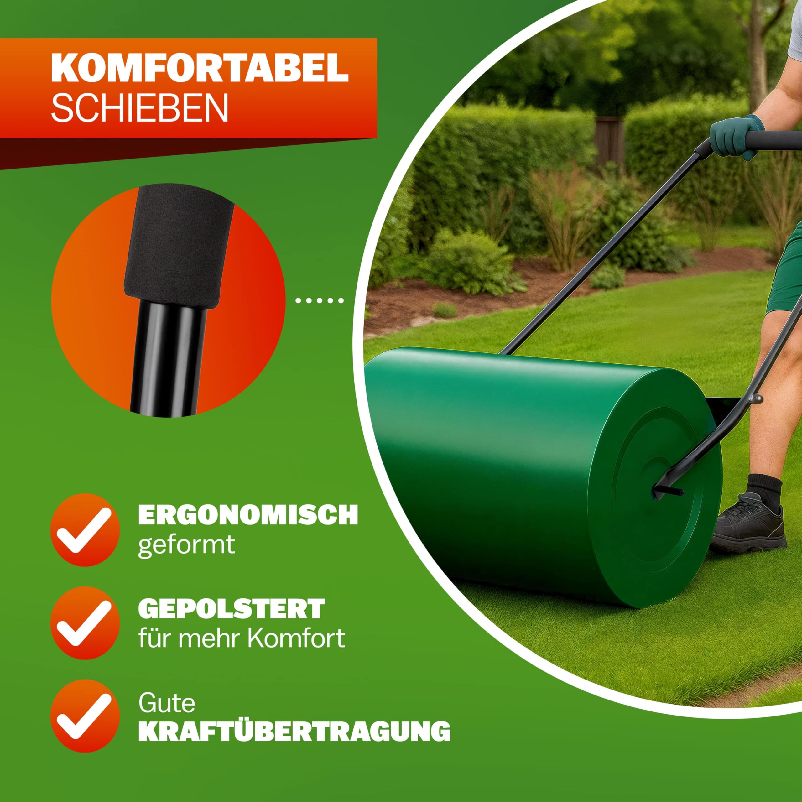 Gardebruk® Rasenwalze 60cm 50L gepolsterter Griff Schmutzabweiser befüllbar Handwalze Rasenroller Gartenwalze Ackerwalze