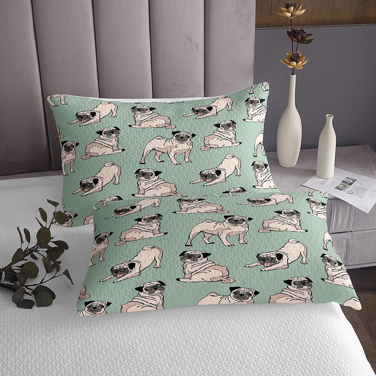 Loussiesd Słodkie psy zestaw kołder kreskówka mops pies narzuta hipisowski mops szczeniak pikowana narzuta na łóżko dla dzieci dorosłych kawaii zwierzę ultra miękka pościel podwójny rozmiar zestaw