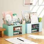 Marbrasse Plastic Pencil Holder for Desk, Pen Organizer with 2 Drawers | Desk Organizers and Accessories with 5 Compartments, Cosmetic Brush Holder for Office Art Supplies(Green)
