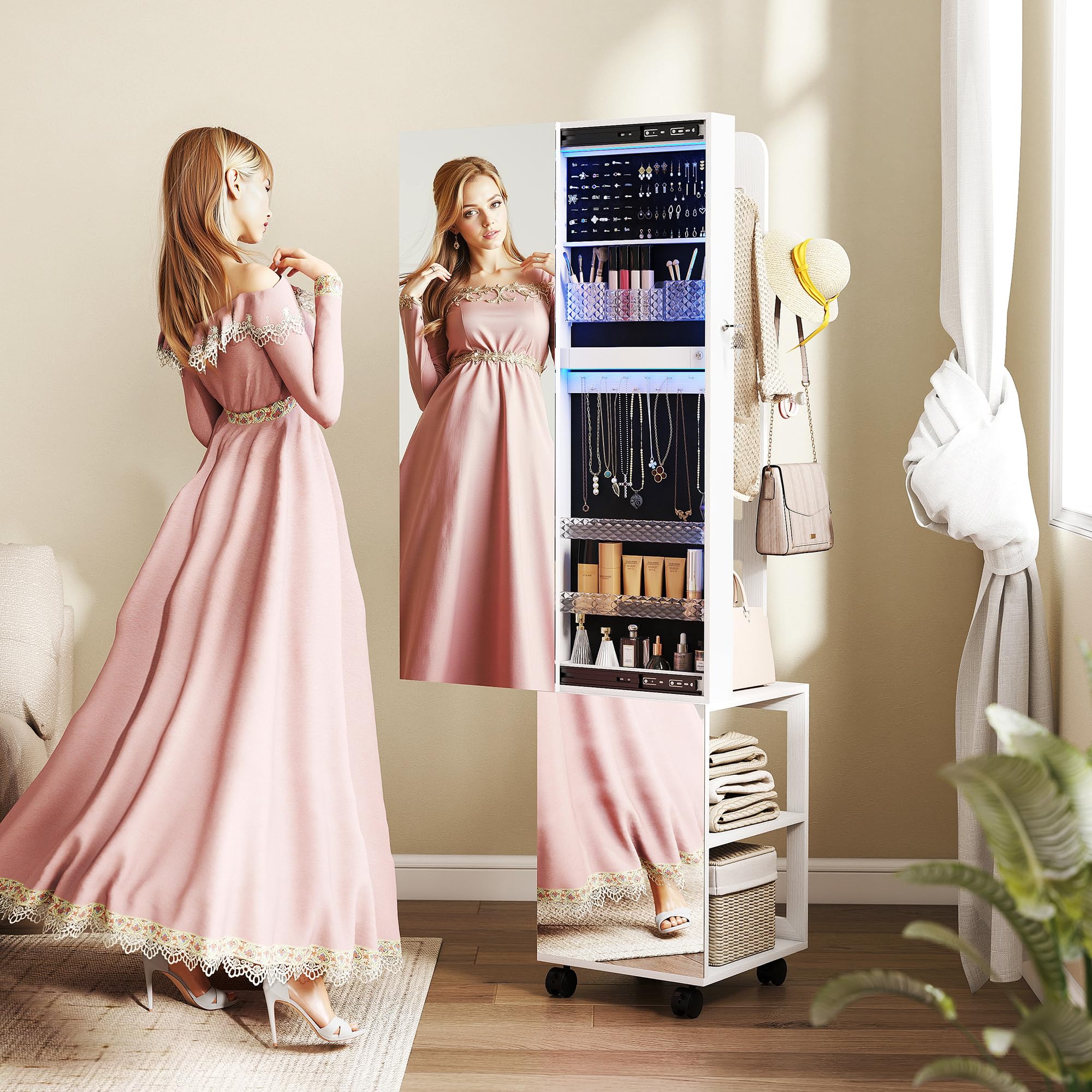 HOMCOM Armario de joyas con espejo, bloqueable 360°, marco blanco | Organizador de joyas giratorio con iluminación LED, para dormitorio/vestidor, forro negro