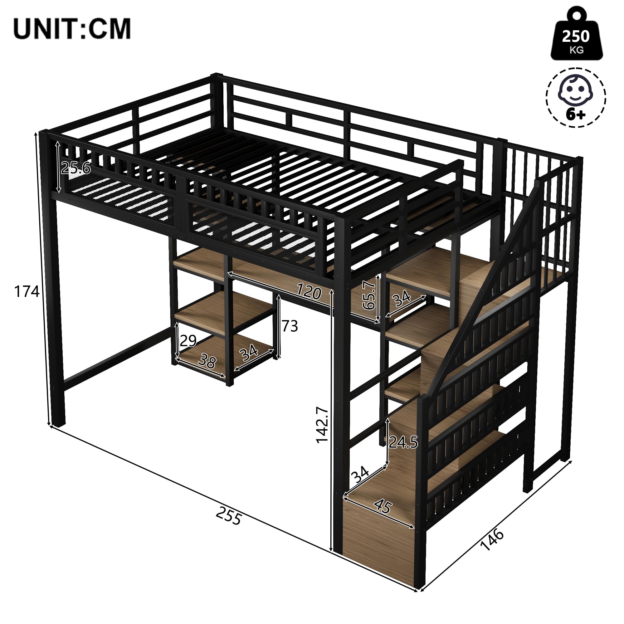 Dolamaní Hochbett 140 x 200 cm Metalbett mit Schreibtisch und Treppe, Bett 140x200 mit stauraum, LED-Lichtleiste & USB-Anschluss, Metalbett Jugendbett Kinderbett, ohne Matratze (schwarz B)