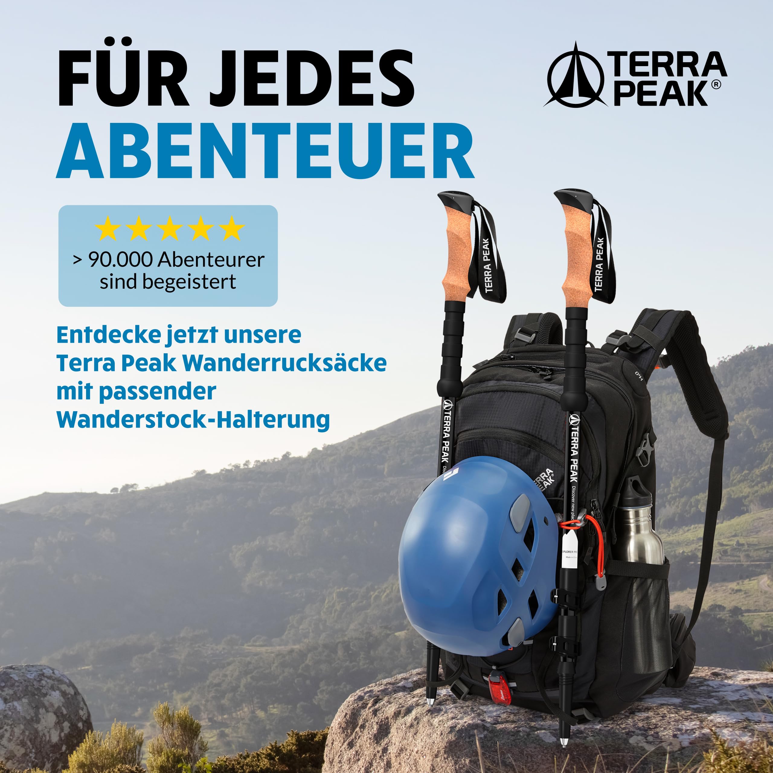 Terra Peak® Premium Wanderstöcke Teleskop ultra-leicht, ausziehbar aus Carbon o. Aluminium INKL. Mikrofaser-Handtuch - Damen & Herren Trekkingstöcke & Nordic Walking Stöcke mit Gummipuffer verstellbar