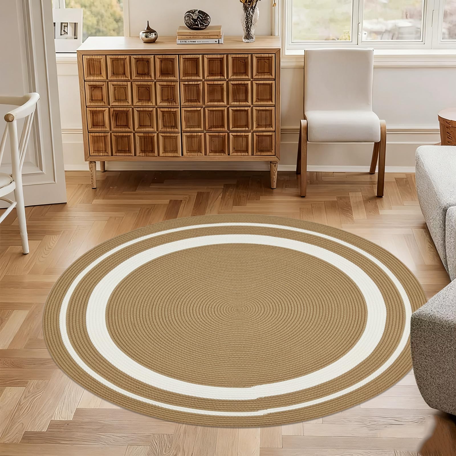 USTIDE Tapis tressé en coton tressé rond beige naturel bohème vintage pour terrasse, chambre à coucher, salon, entrée, rond, 120 cm