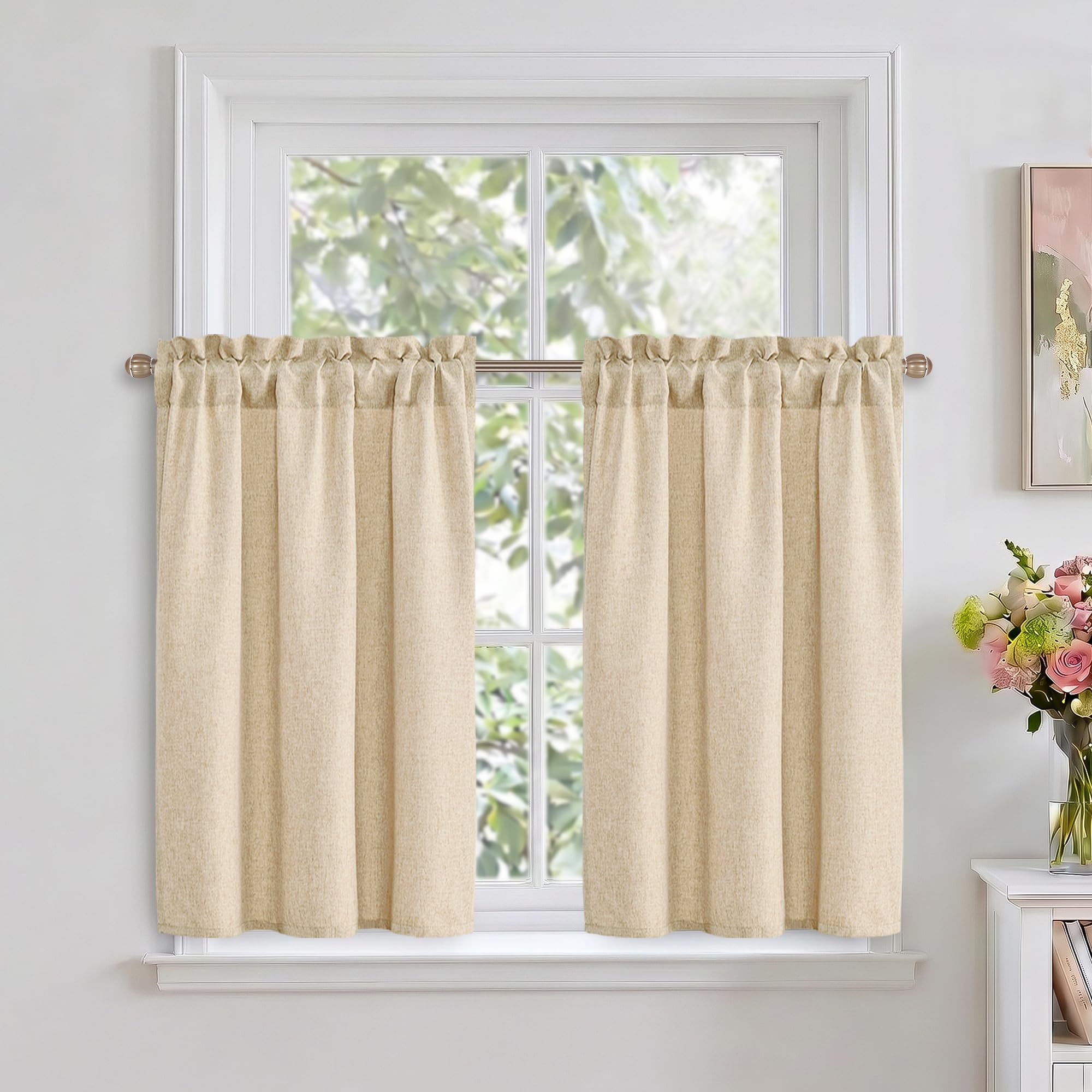 DWCN Beige Faux Linen Kitchen Curtains, 45 Inch Drop Cafe Curtains for Small Windows, Solid Colour Short Window Curtain Tiers for Bathroom, Cupboard, Sink, Rod Pocket, W 26 x L 45 Inch, 2 Panels โ image 1
