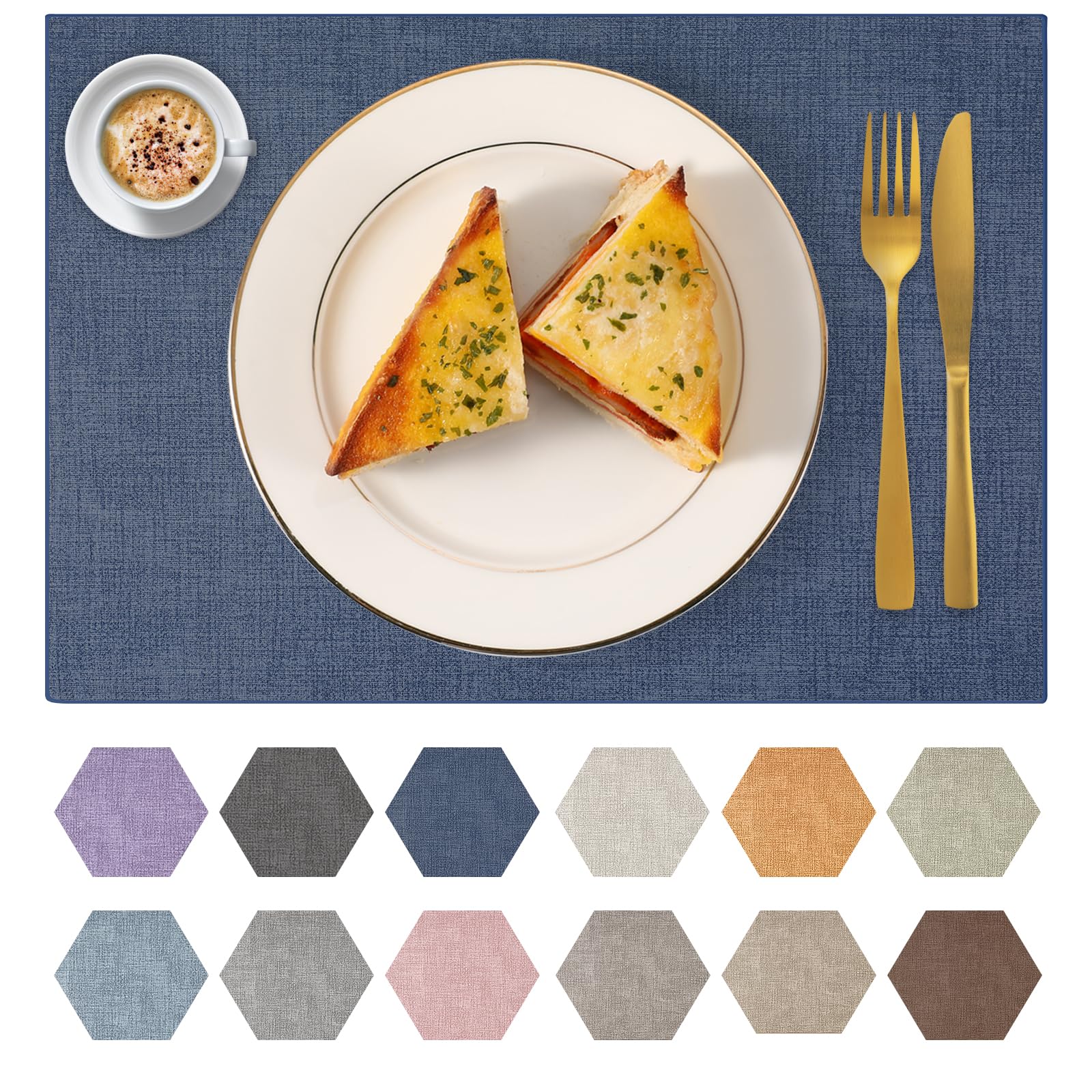 Set di 6 tovagliette in ecopelle lavabili in poliuretano per tavolo da cucina, resistenti al calore, impermeabili, facili da pulire, antiscivolo, 30 x 43 cm (blu scuro, 6 pezzi)