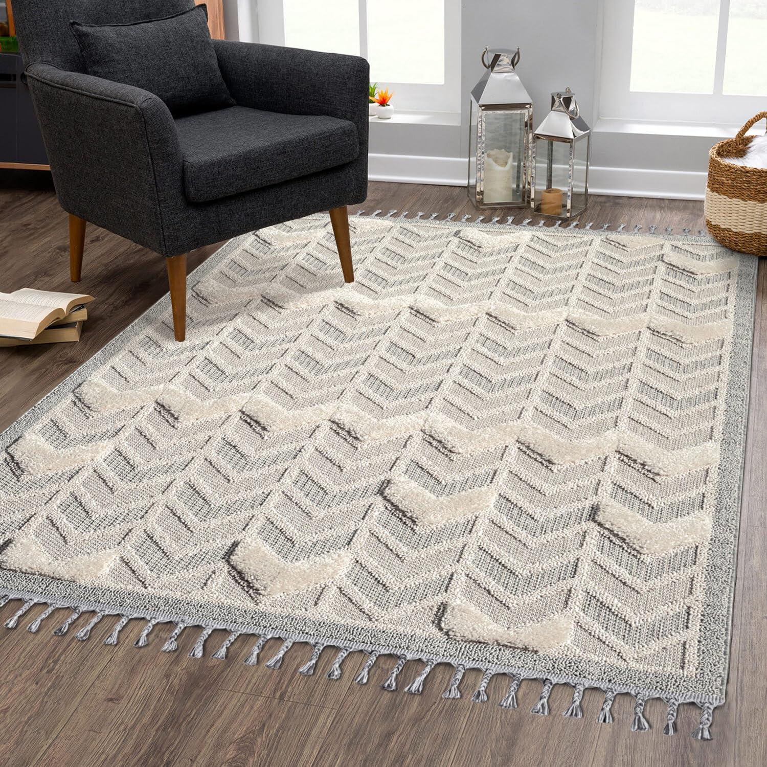 Tapis De Salon Effet 3D Rayé Gris Crème - Carpetia - Neuf Sous Emballage