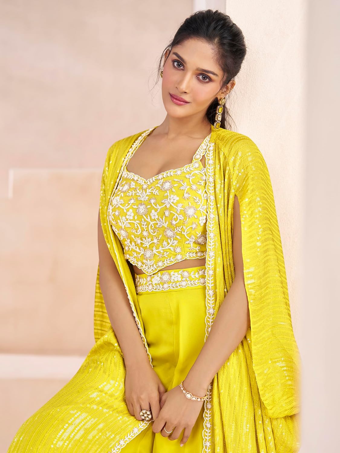 TRENDMALLS Women's Georgette Embroidery Sequence Work Crop Top with Flared Palazzo and Shrug Set Ethnic Salwar Set