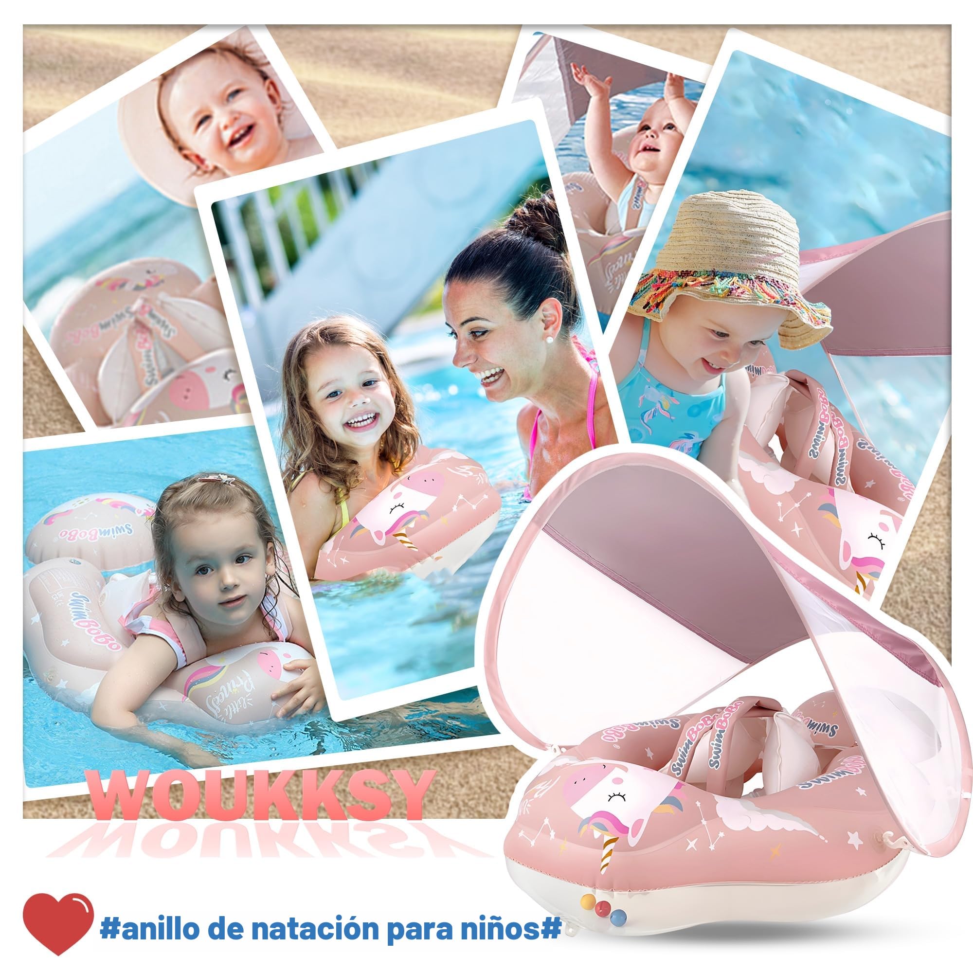 Flotador Bebe con Sombrilla, Woukksy Rosa Flotadores Piscina Bebes para 3 meses-36 Meses, Bebé Flotador Piscina Asiento con Bola de Equilibrio para Evitar Vuelcos