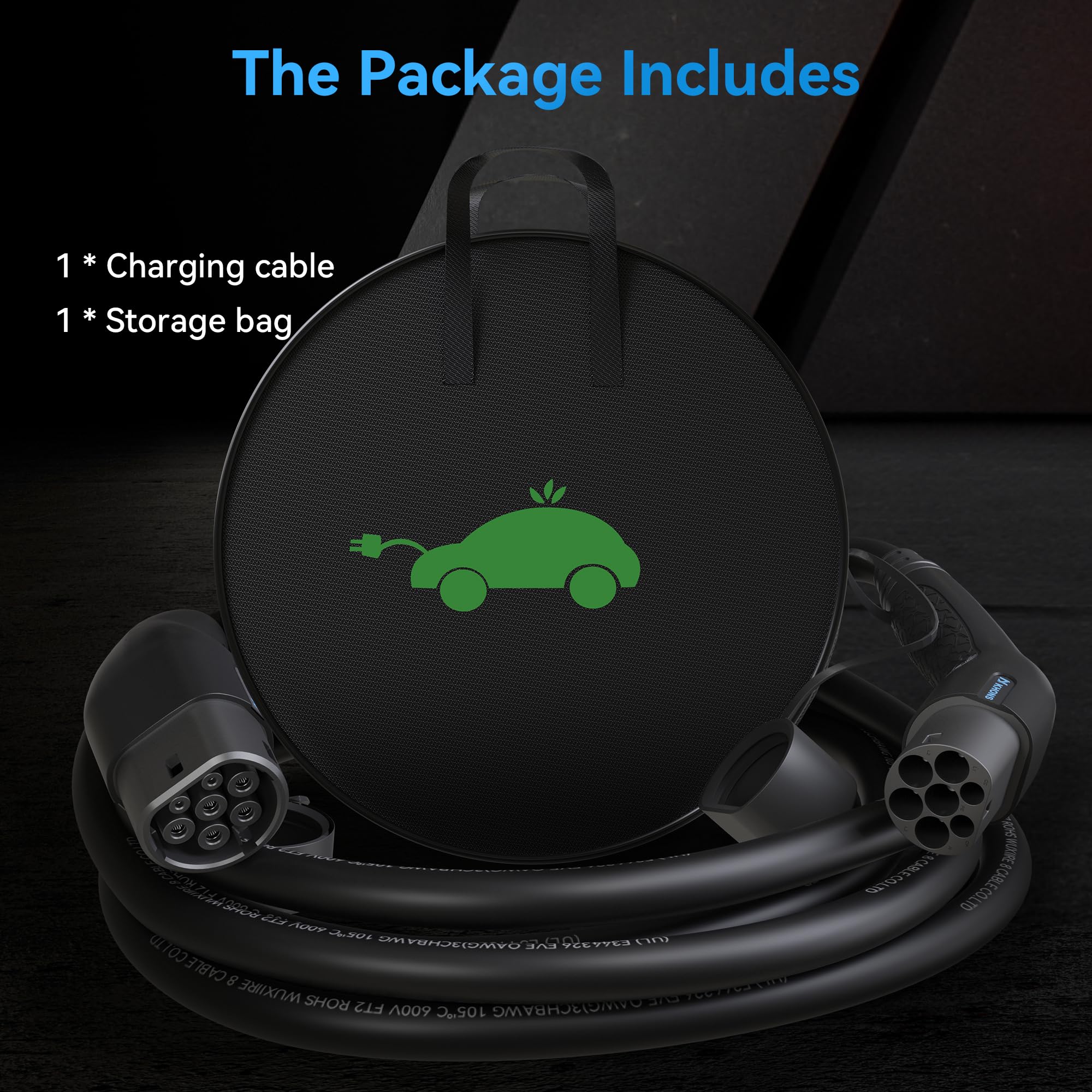 EV Cable de Carga Tipo 2 Cable de Vehículo Eléctrico EV 32A 7.4KW Cable de 5m IP65 Impermeable con Bolsa de Transporte para IEC62196 Híbrido de Carga de Coches Eléctricos（Negro）