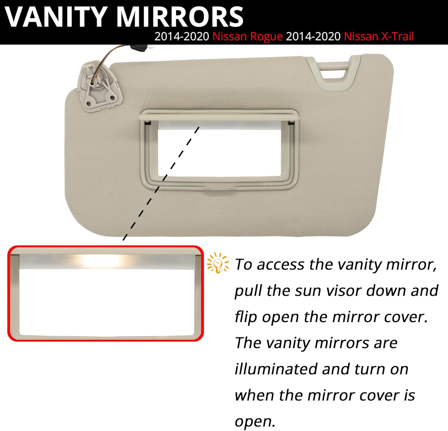 Sun Visor Fits for Nissan Rogue X-Trail 2014-2020 Left Driver Side with Light Replaces 96401-4BA3E 96401-4BA1D Beige