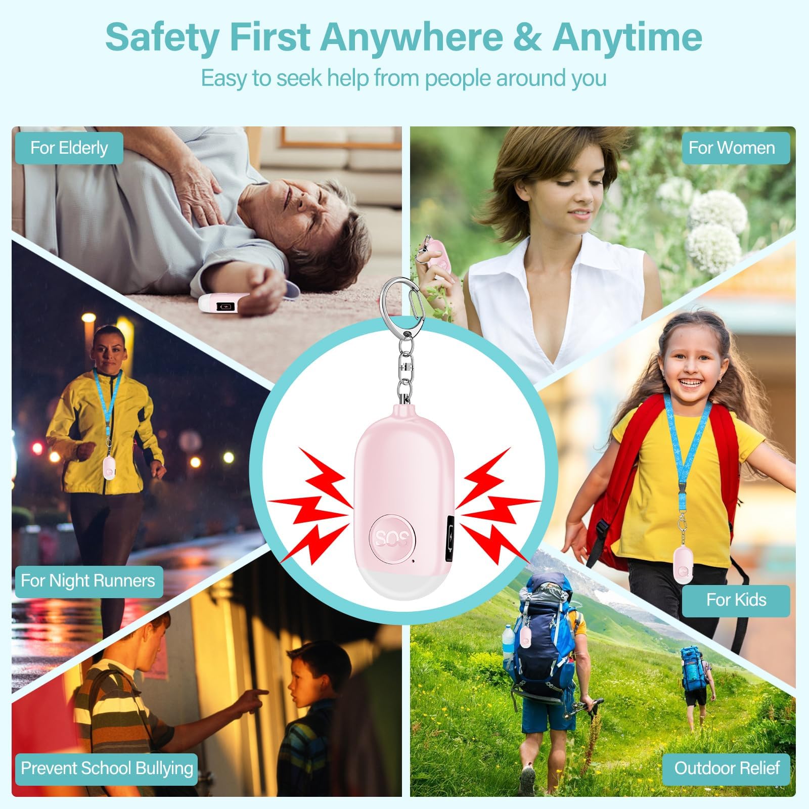 Alarma Personal Autodefensa de Bolsillo Hion - Llavero de Defensa Personal Recargable 130 dB con Iluminación LED para Mujeres, Niños y Personas Mayores - Potente y Confiable(Rosa, 1)