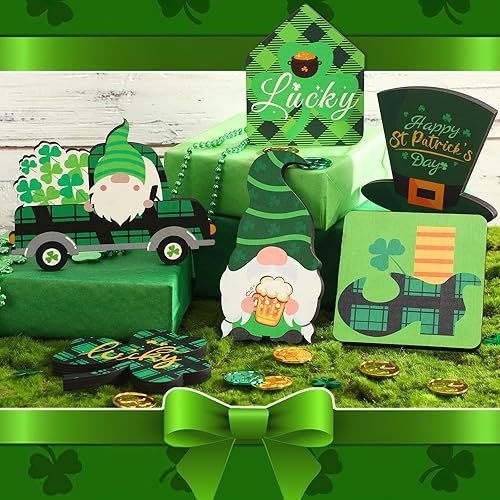 Miniatura 6 de DECYOOL Decoraciones para el día de San Patricio, 6 piezas de letrero de madera del día de San Patricio, sombrero, gnomo, trébol, zapatos de