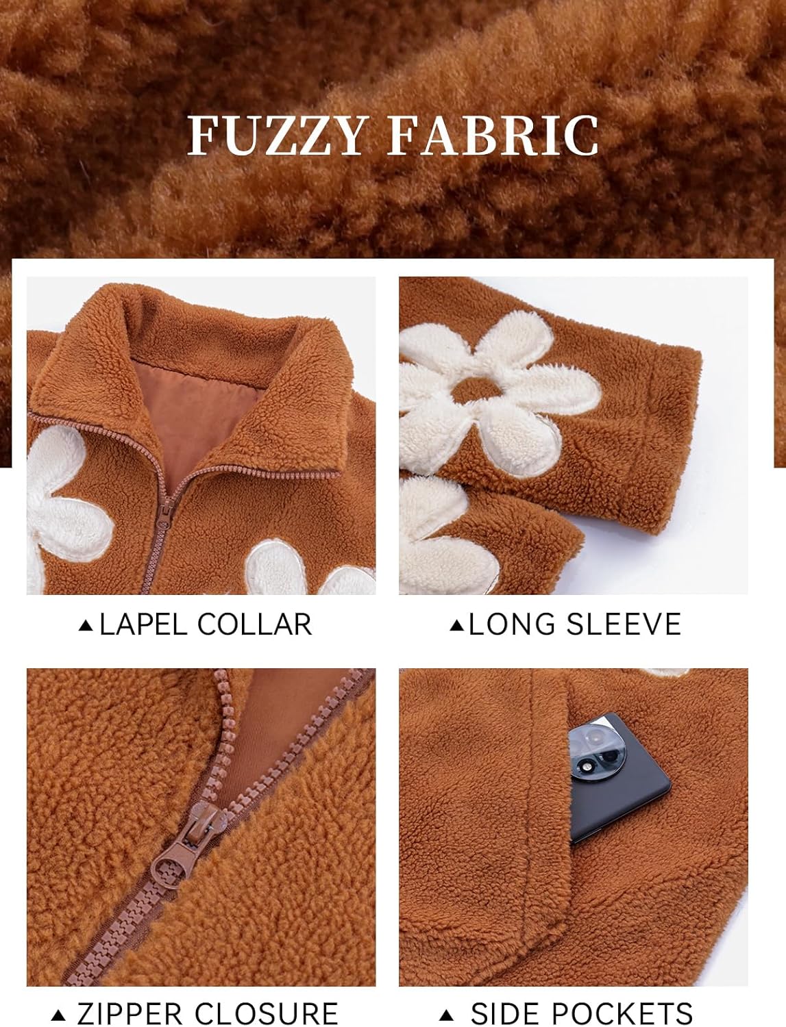 Women's Floral Sherpa Fleece Jacket, Oversized Cropped Coat Vintage Winter Warm Zip Up Outwear with Pockets - Image 4