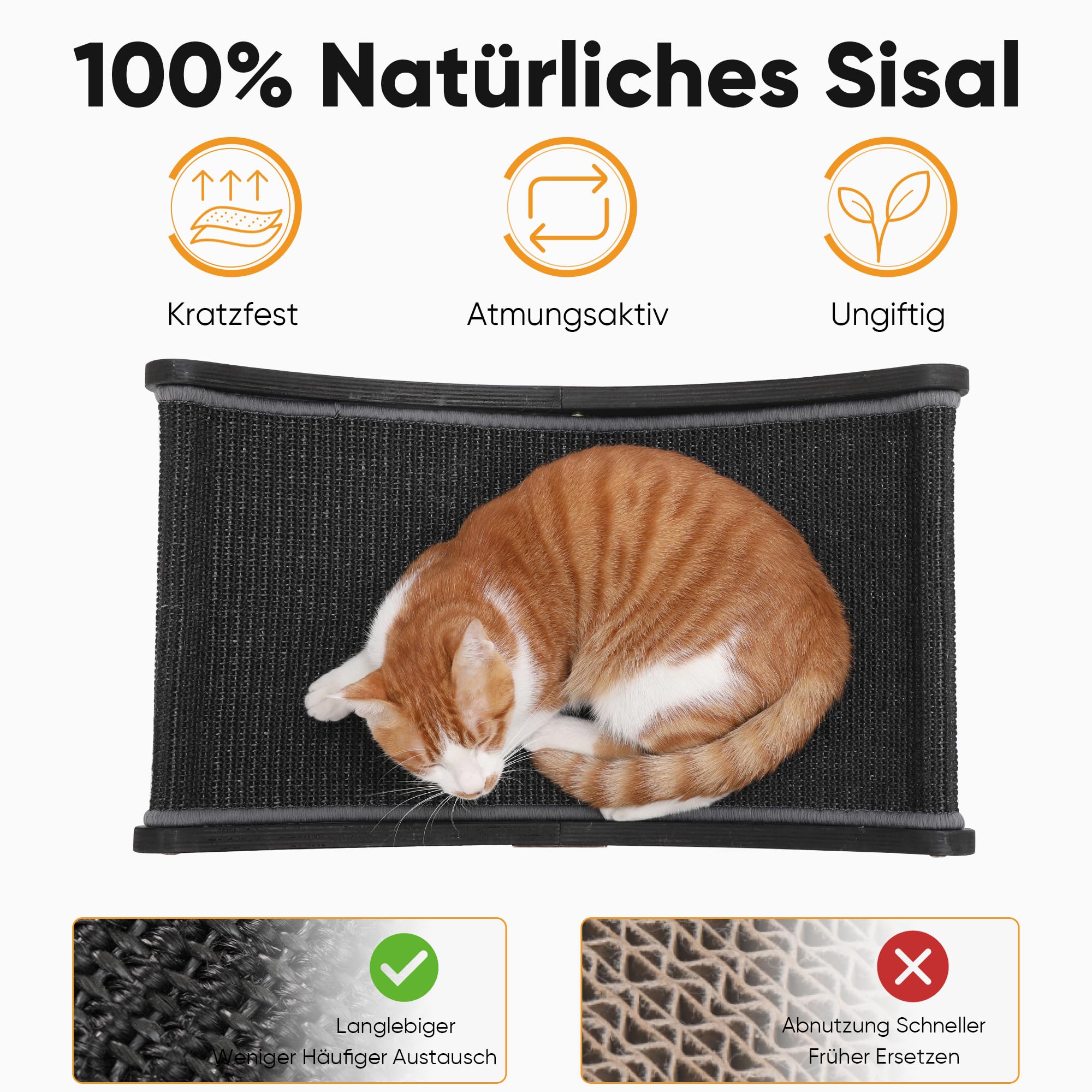 FUKUMARU Sisal Kratzbrett Holz, 60 cm strapazierfähiges Kratzbaum-Bett für Wohnungskatzen, Hängematte aus 100% natürlichem Sisal, Massivholzgestell zum Schlafen und Krallenwetzen (Schwarz)