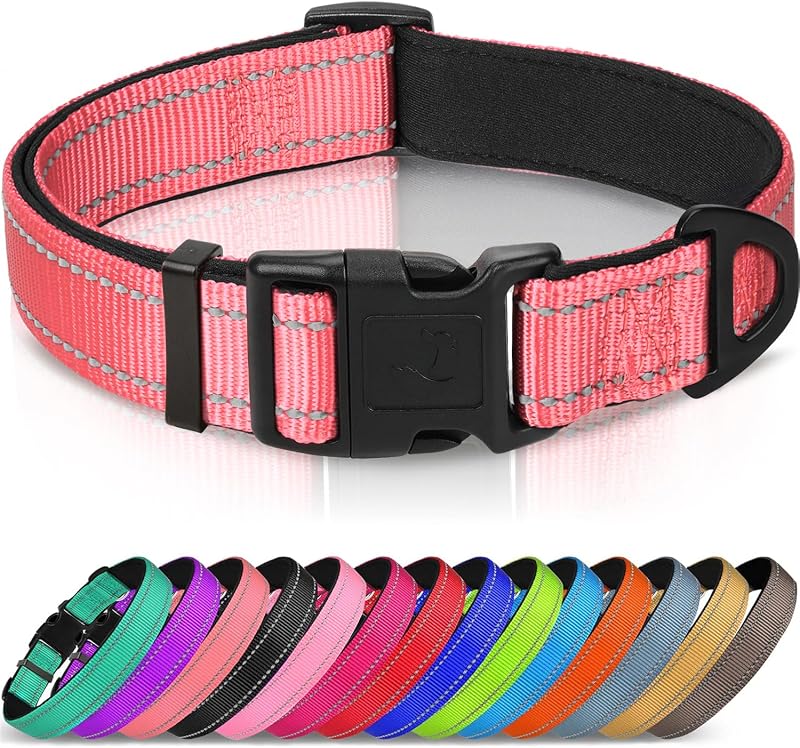 Joytale Collar reflectante para perros, acolchado de neopreno ajustable, rosa neón L | Nailon transpirable para perros grandes, sin rozaduras en paseos y caminatas al aire libre, correas resistentes a desgarros, anillo en D de metal, seguridad nocturna